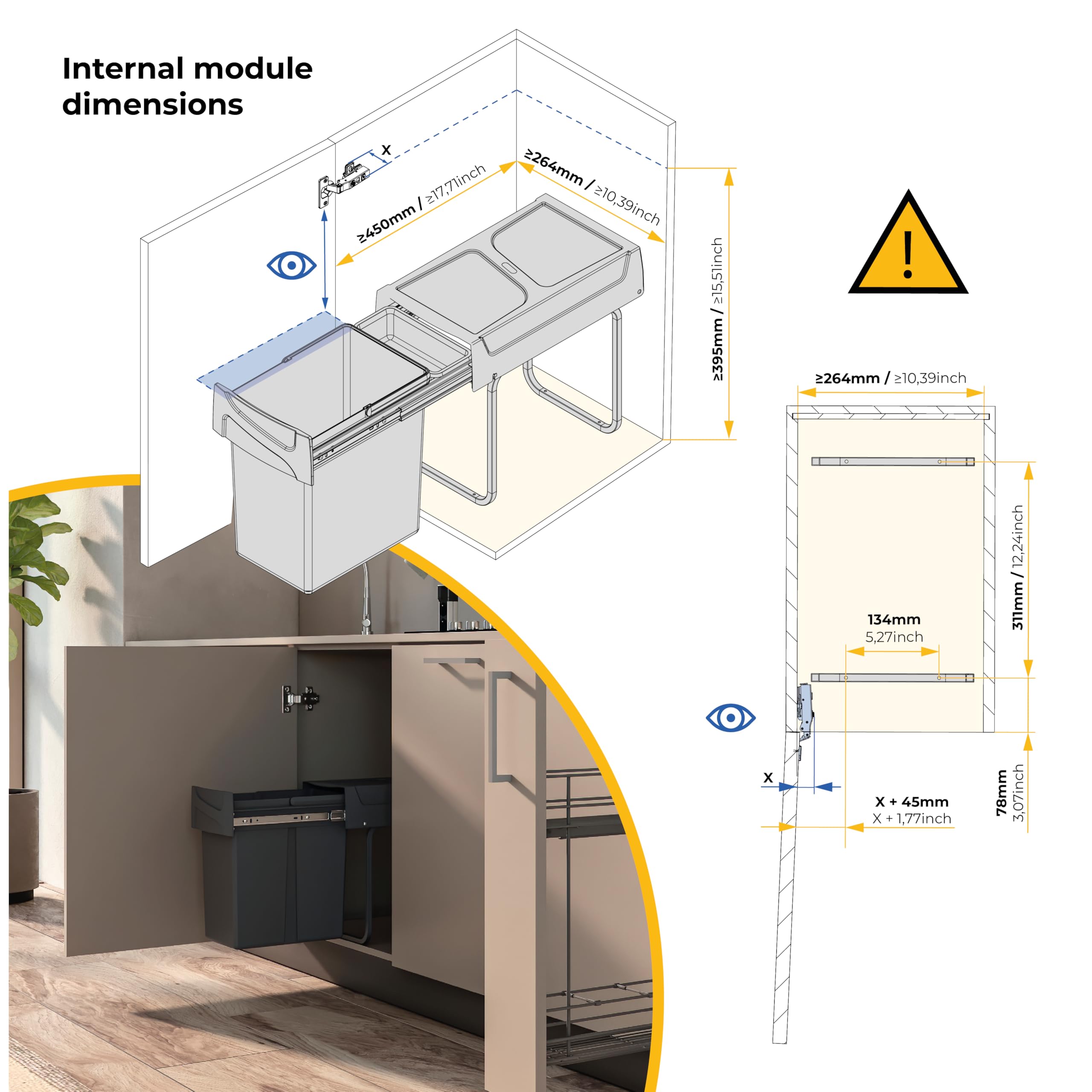 Emuca Under Counter Waste Container - 20L Capacity | Steel & Plastic | Anthracite Grey 9