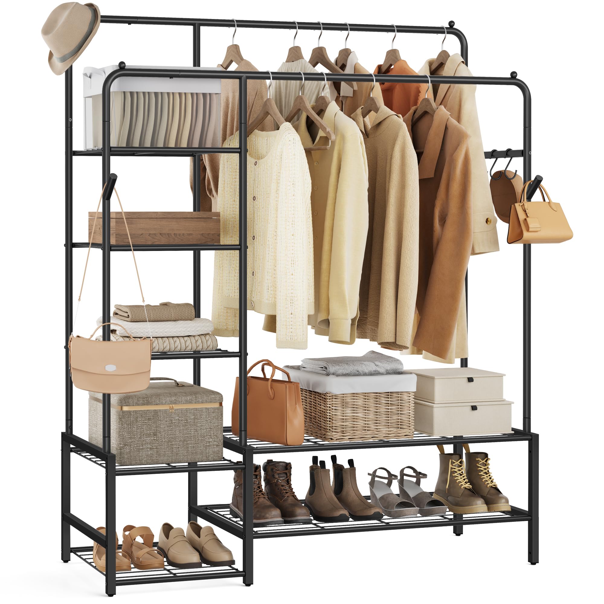 SONGMICS Clothes Rack - Open Wardrobe with 7 Shelves & 2 Hanging Rails | Black Alloy Steel 1