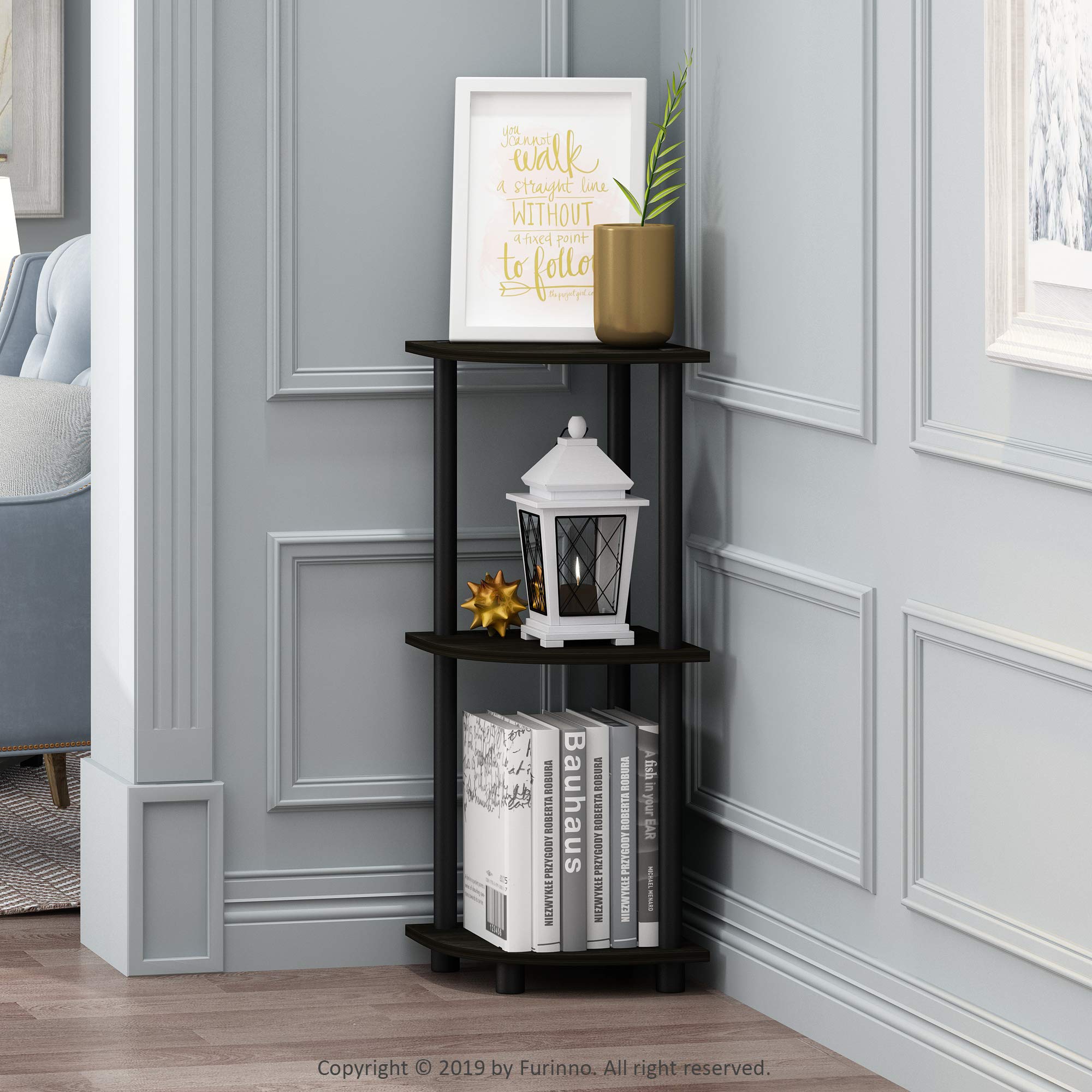Furinno TURN-N-TUBE Corner Shelf - 3-Tier Open Display | Espresso/Black | Freestanding 2
