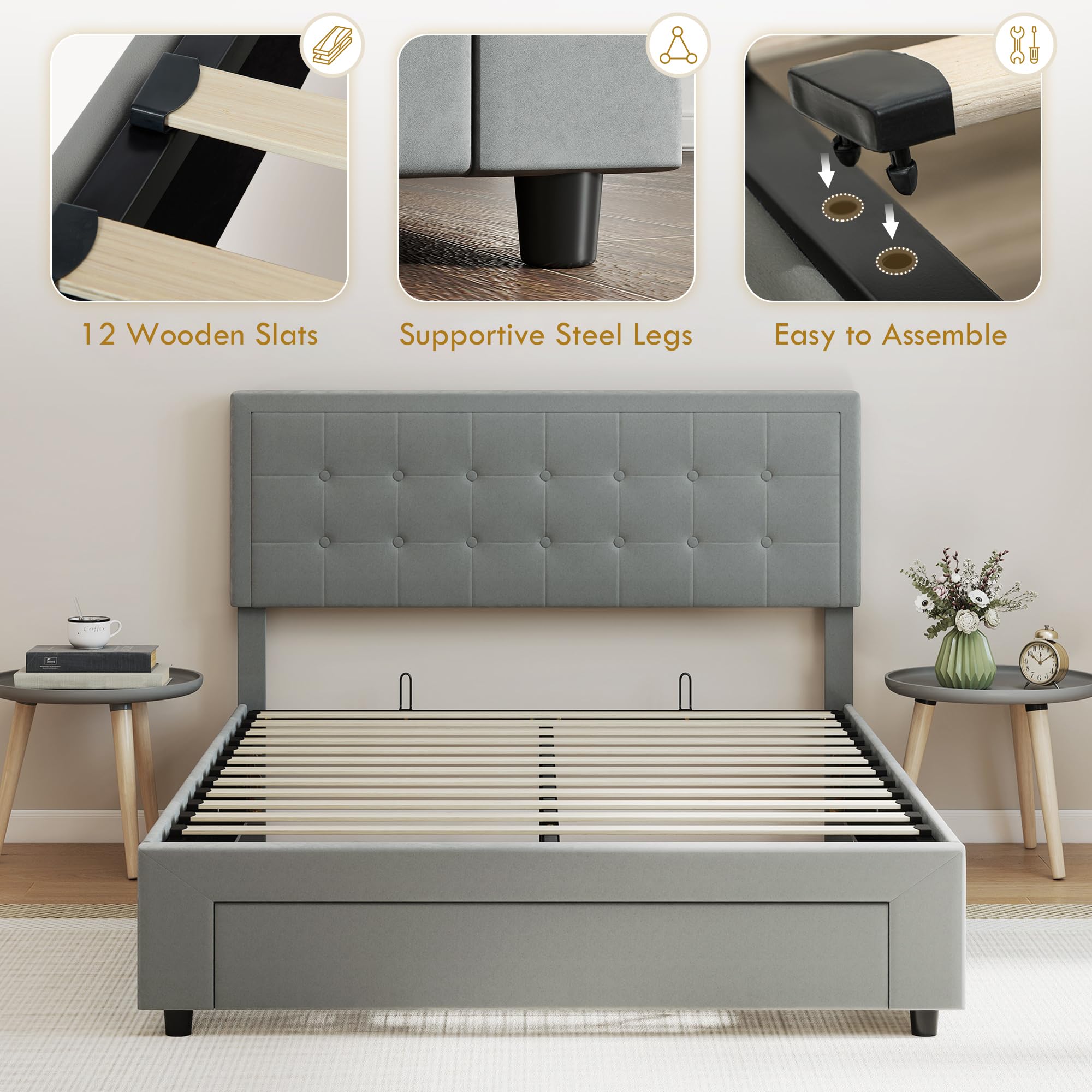 HOMCOM Upholstered Ottoman Bed Frame - Grey Double with Storage Drawer & Adjustable Headboard 8