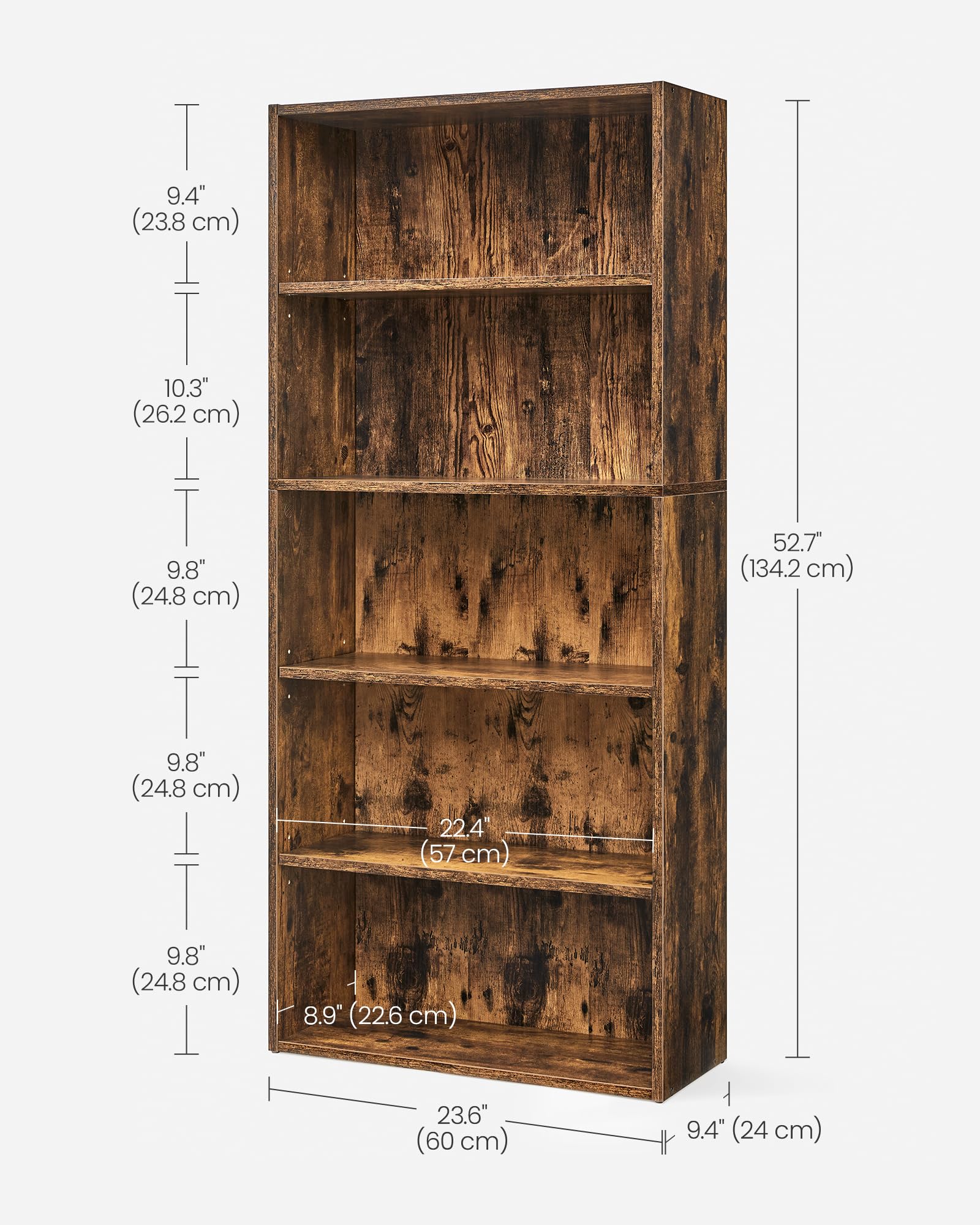 VASAGLE 5-Tier Bookcase Storage Shelving Unit | Rustic Brown Engineered Wood | Adjustable Shelves 3