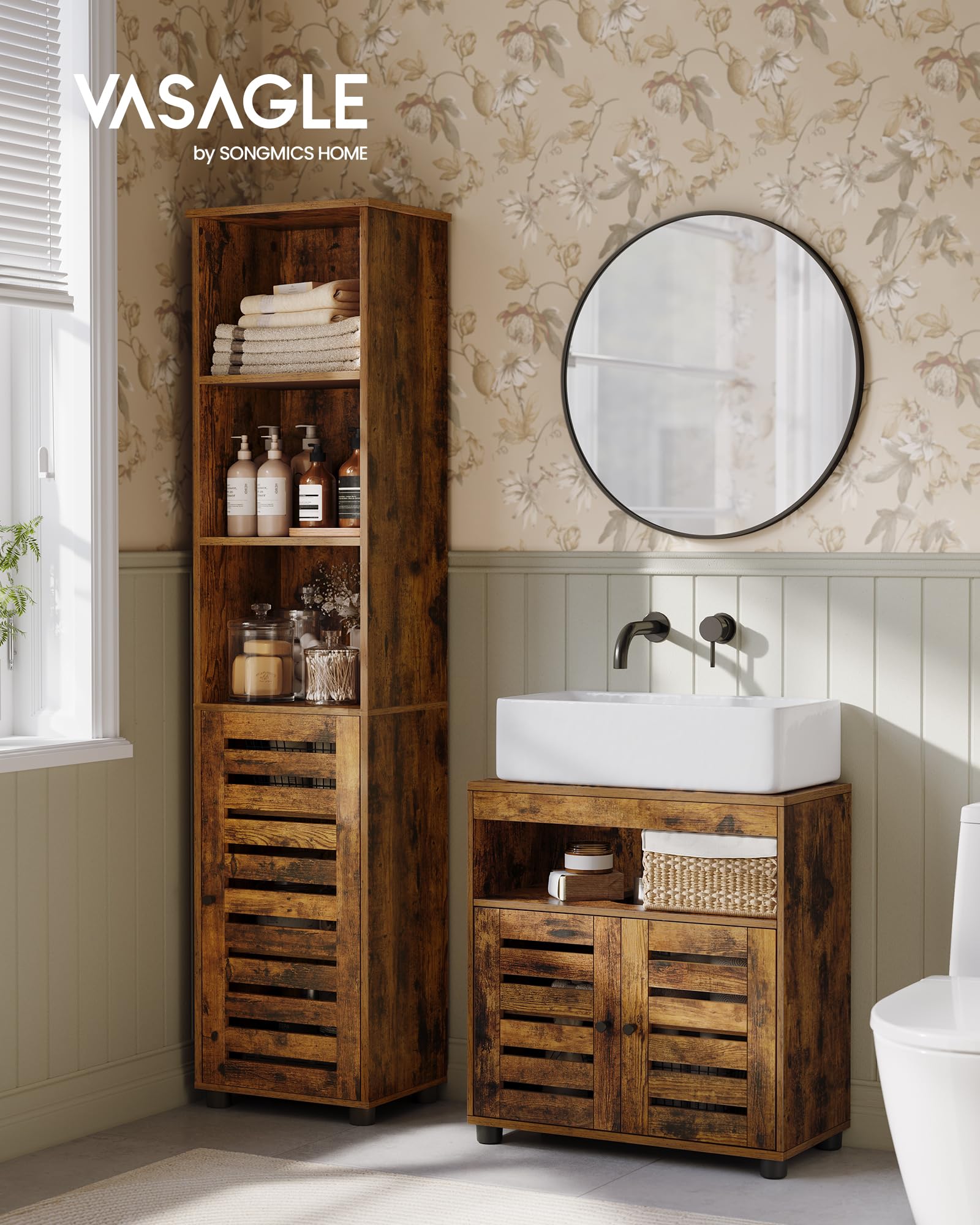 VASAGLE Under Sink Bathroom Cabinet - Rustic Brown | 30x60x64 cm | Adjustable Shelf 4