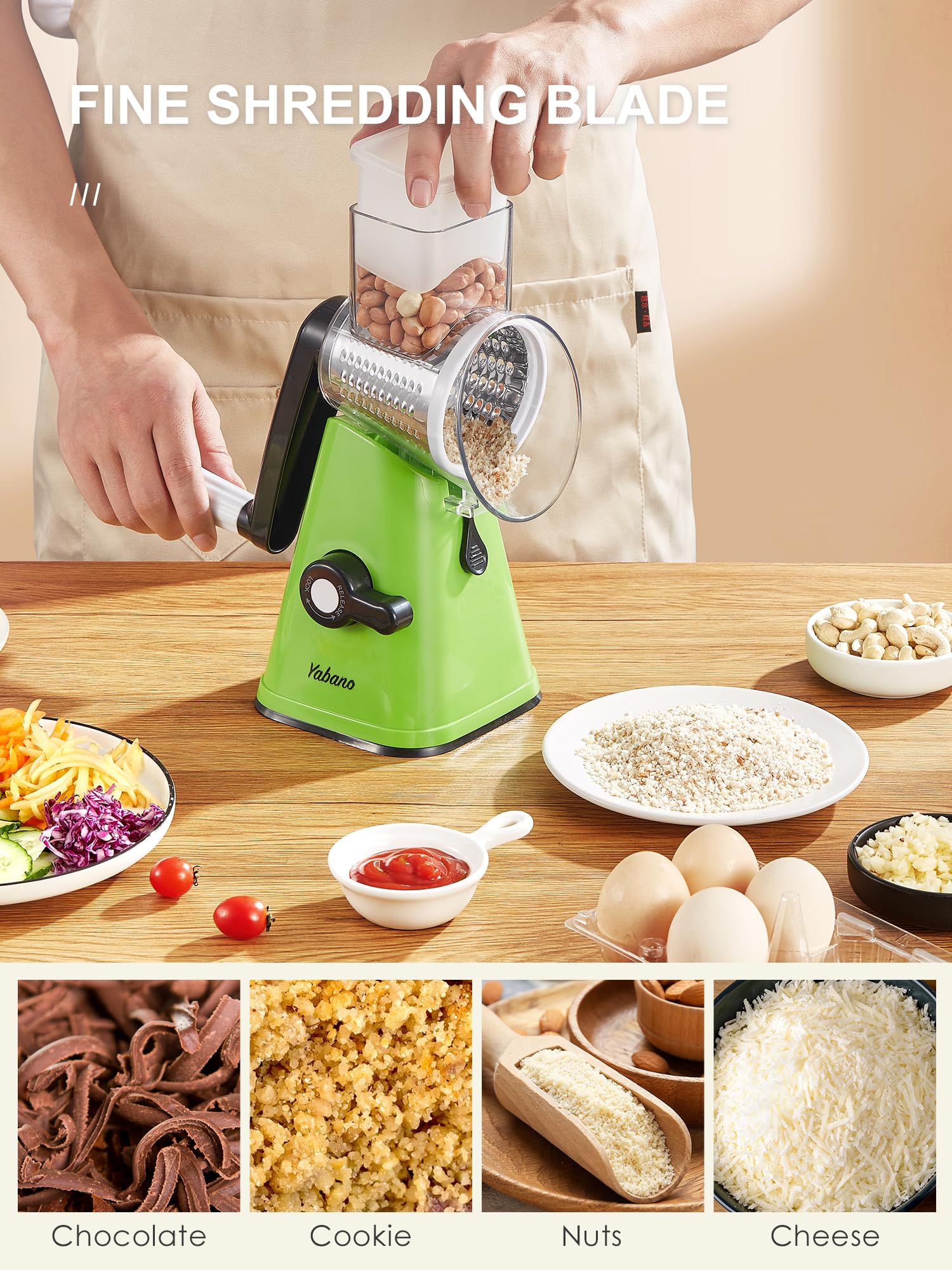 Yabano Rotary Cheese Grater - Vegetable Slicer with 3 Replaceable Stainless Steel Blades | Green 6