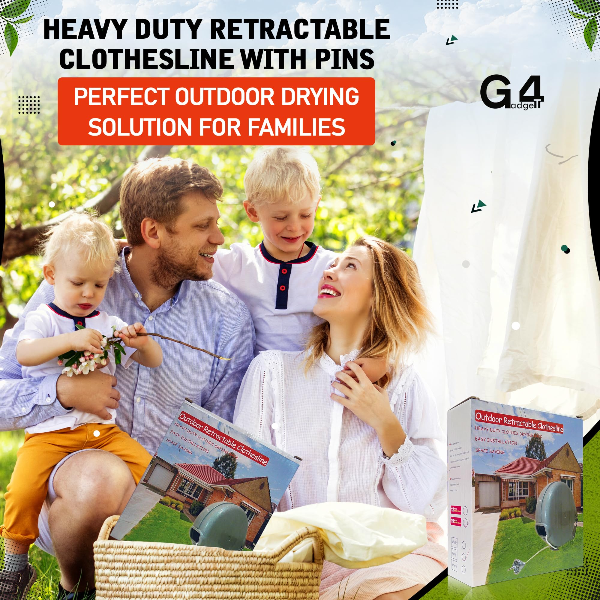 G4GADGET Outdoor Retractable Clothes Line - 15m Drying Space | Heavy Duty | Grey 7