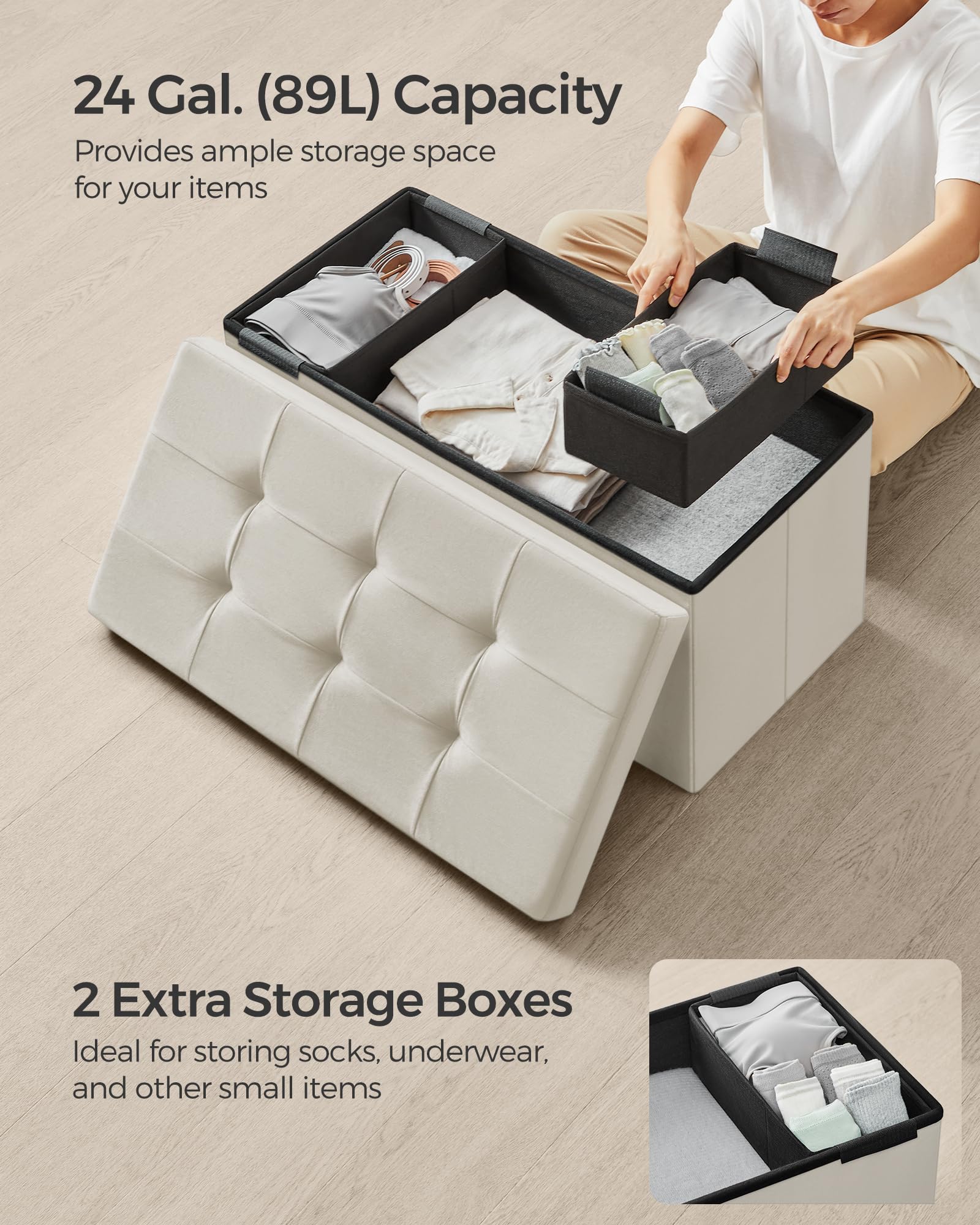 SONGMICS Storage Ottoman - Foldable Foot Rest with 89L Capacity | Cream White Velvet | 300 kg Load 6