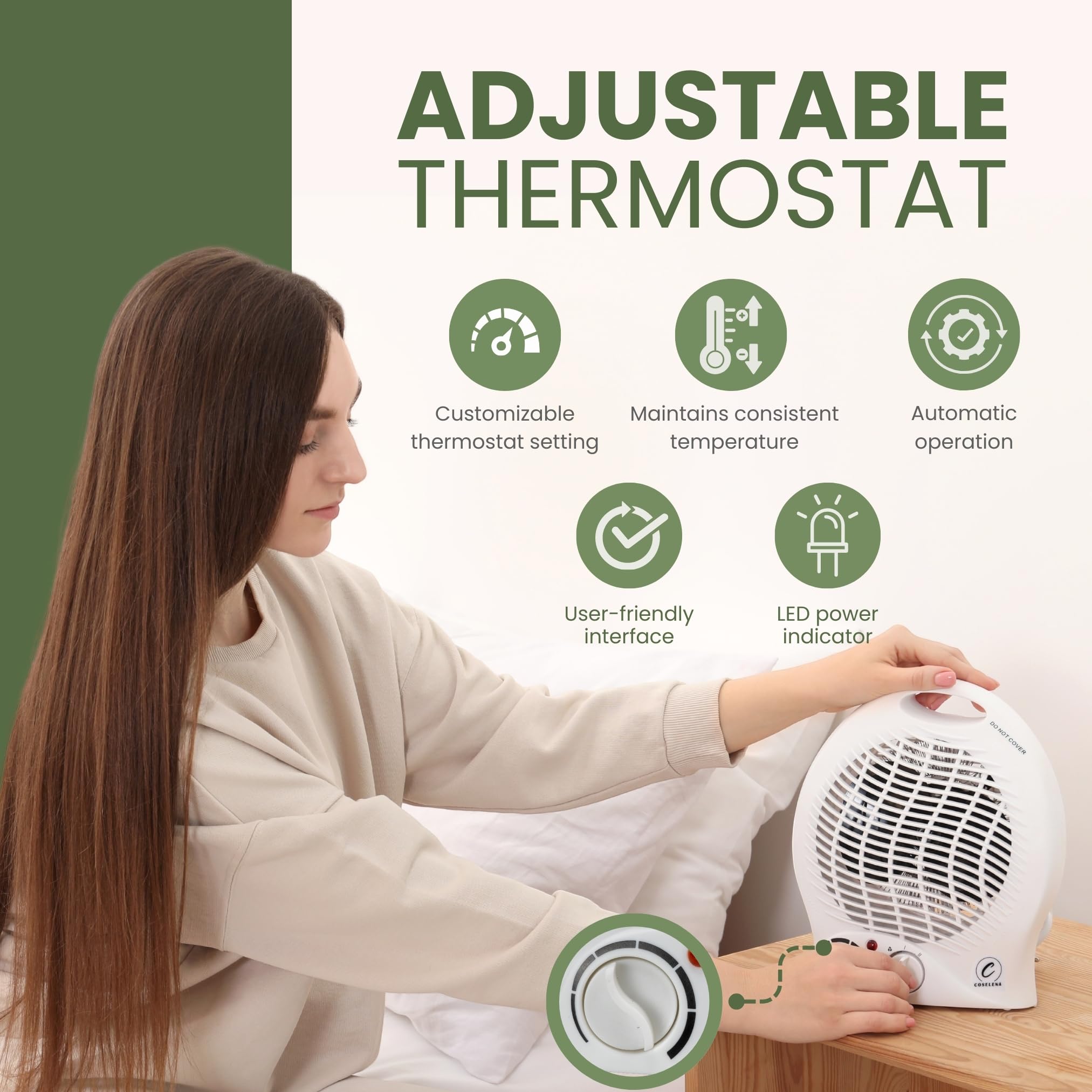Coselena 2KW Electric Fan Heater with 2 Heat Settings, Adjustable Thermostat, and Frost Watch Protection 3