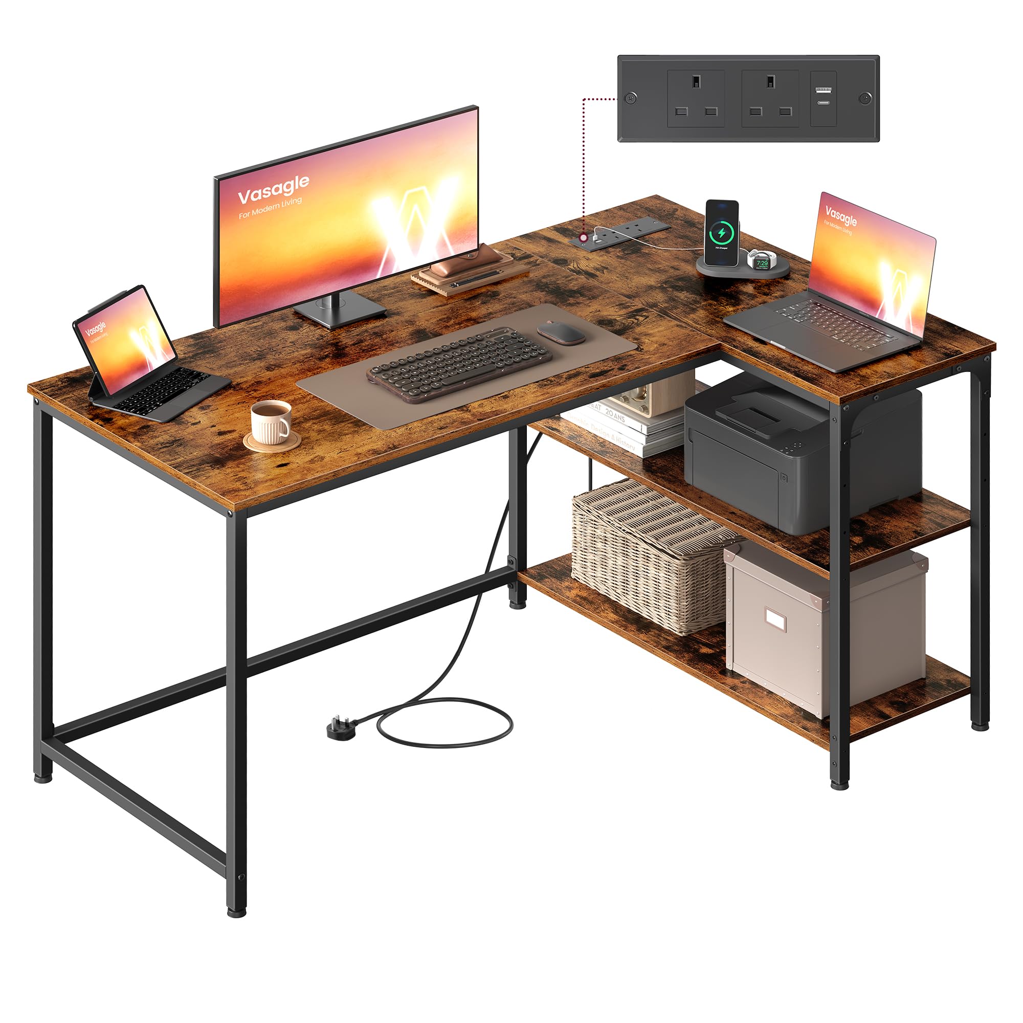 VASAGLE L Shaped Corner Desk - Reversible Storage | Built-In Charging | 120 x 80 cm