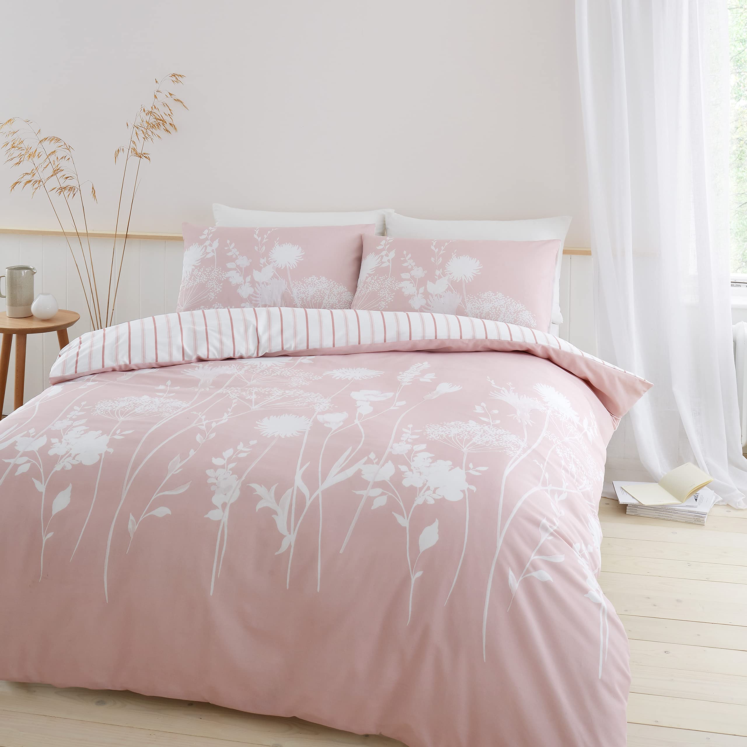 Catherine Lansfield Meadowsweet Floral Reversible Single Duvet Cover Set with Pillowcase, Blush Pink 1