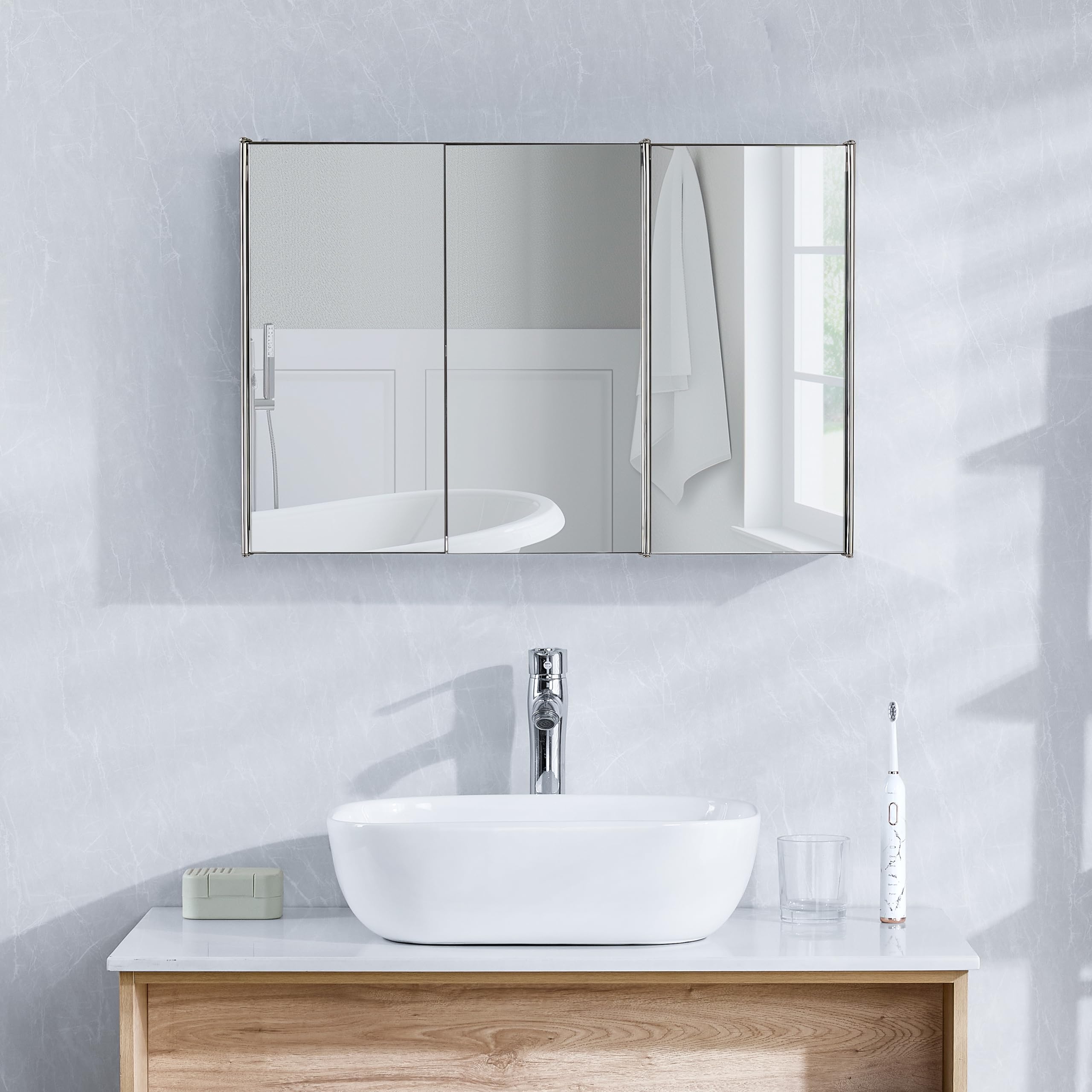 Bath Vida Tiano Triple-Mirror Wall-Mounted Cabinet | Stainless Steel | Silver Finish | Storage Cupboard 4