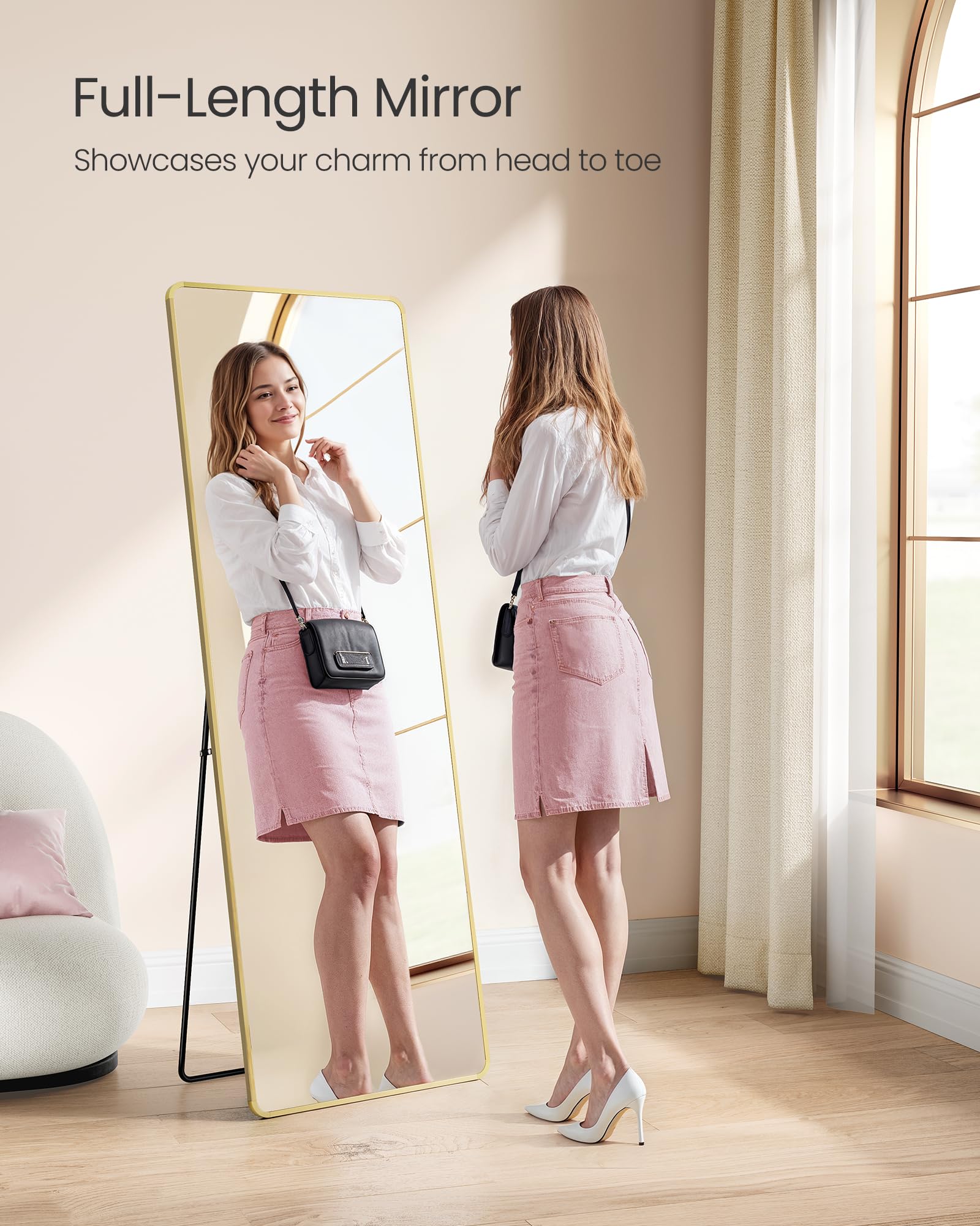 SONGMICS Full Length Floor Mirror - 160 x 50 cm | Pale Gold Aluminium Frame | Shatterproof 3