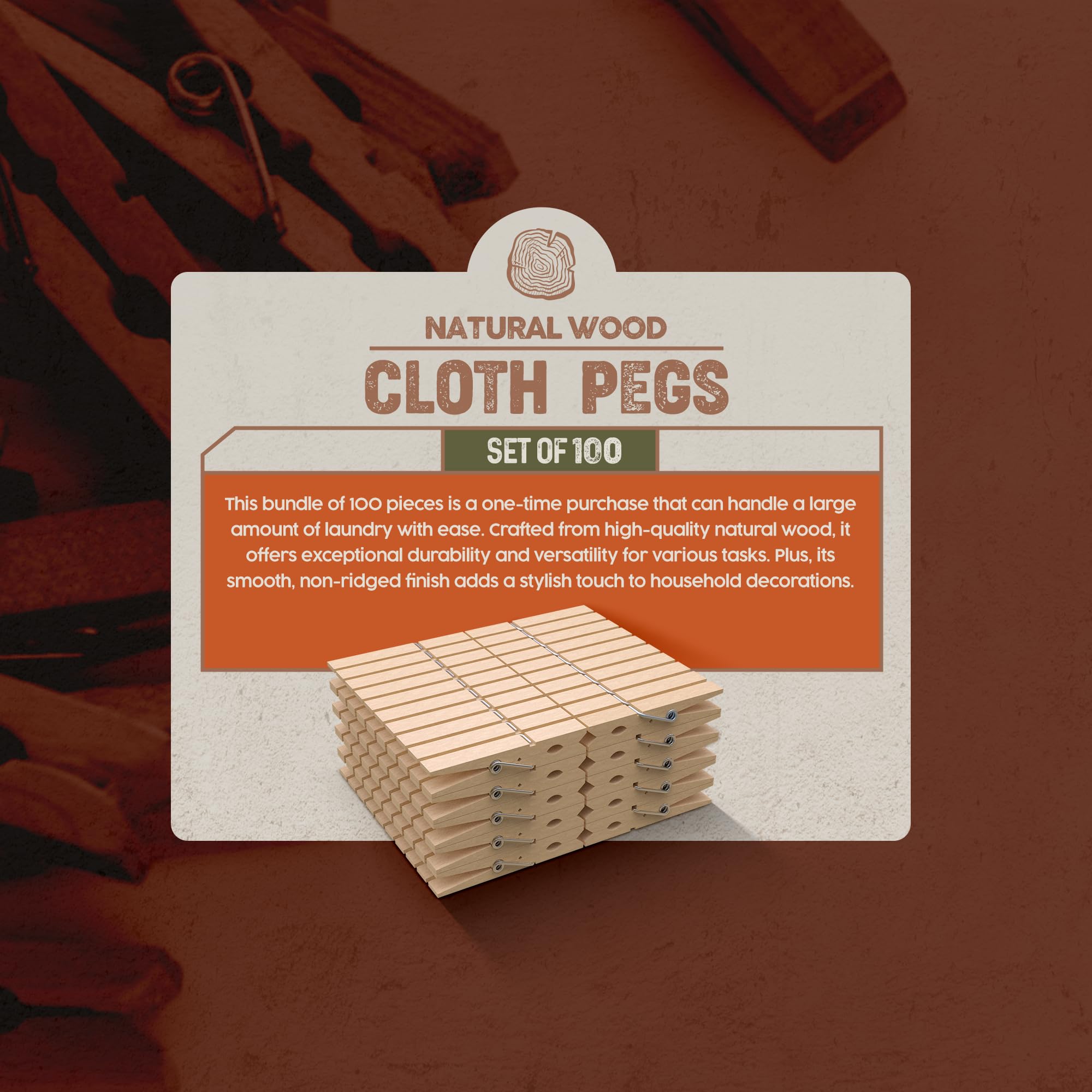 PORTENTUM Wooden Clothes Pegs - Natural Wood & Stainless Steel Spring | 100 Pack | Durable Grip 7