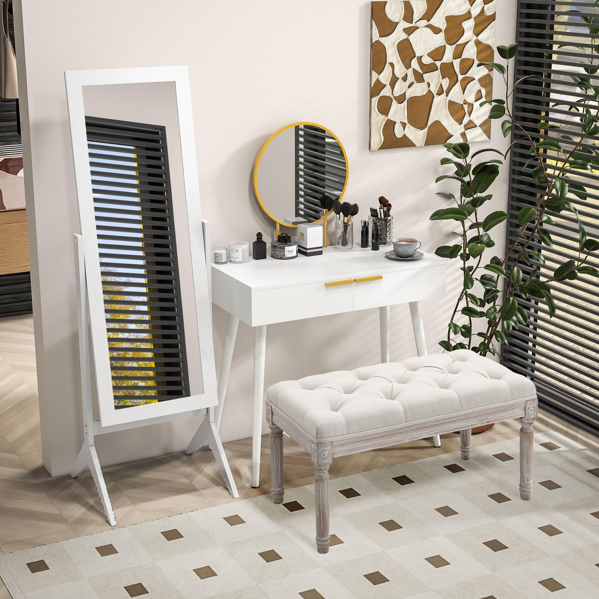 HOMCOM Freestanding Full Length Floor Mirror - Adjustable Angle, White MDF Frame | 148H x 47W cm 9