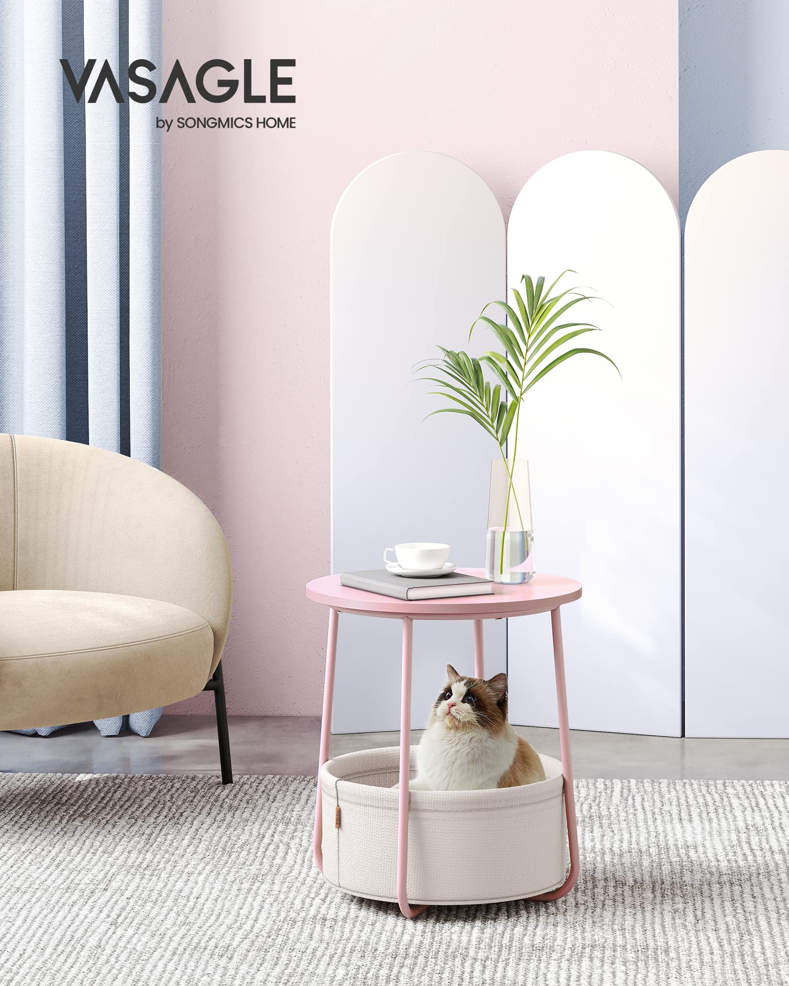 VASAGLE Round End Table with Fabric Basket - Pastel Pink & Cloud White | 45 x 50 cm 2