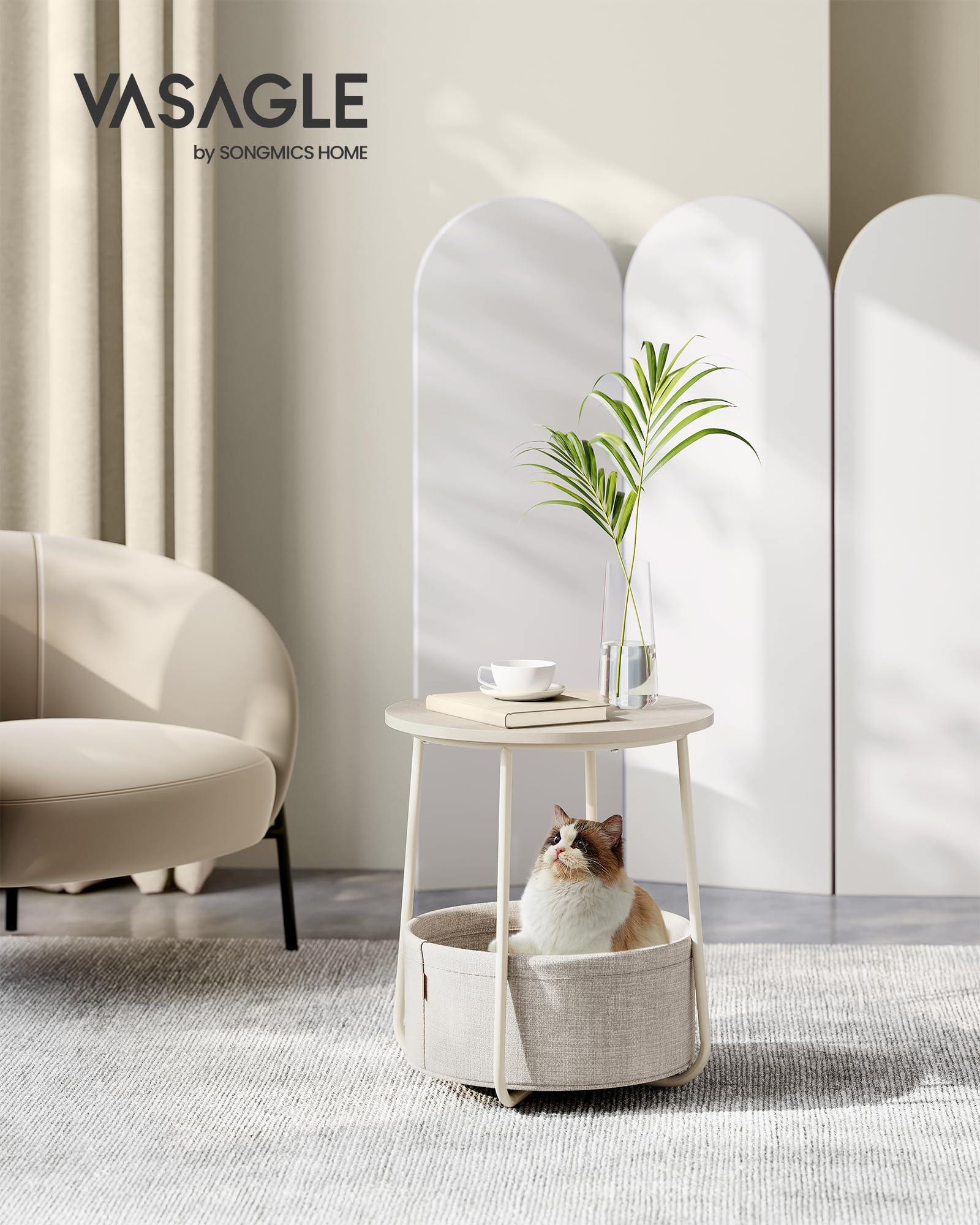 VASAGLE Round End Table with Fabric Basket | 45 x 50 cm | Cream White | Storage 3