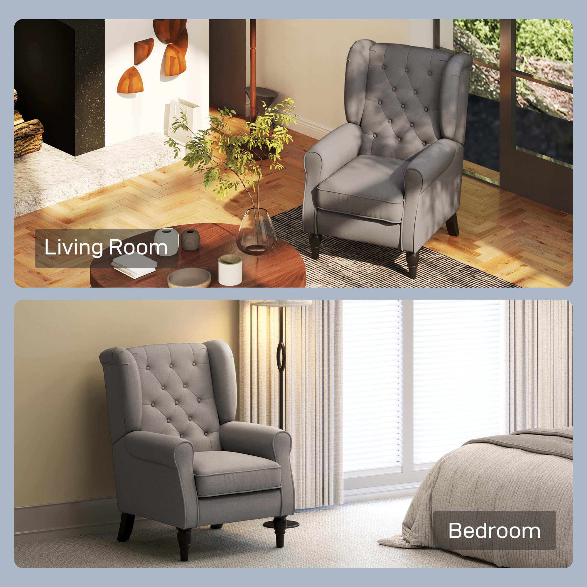HOMCOM Retro Wingback Armchair - Snow Flannel, Button Tufted, Dark Grey | Supports 160kg 8