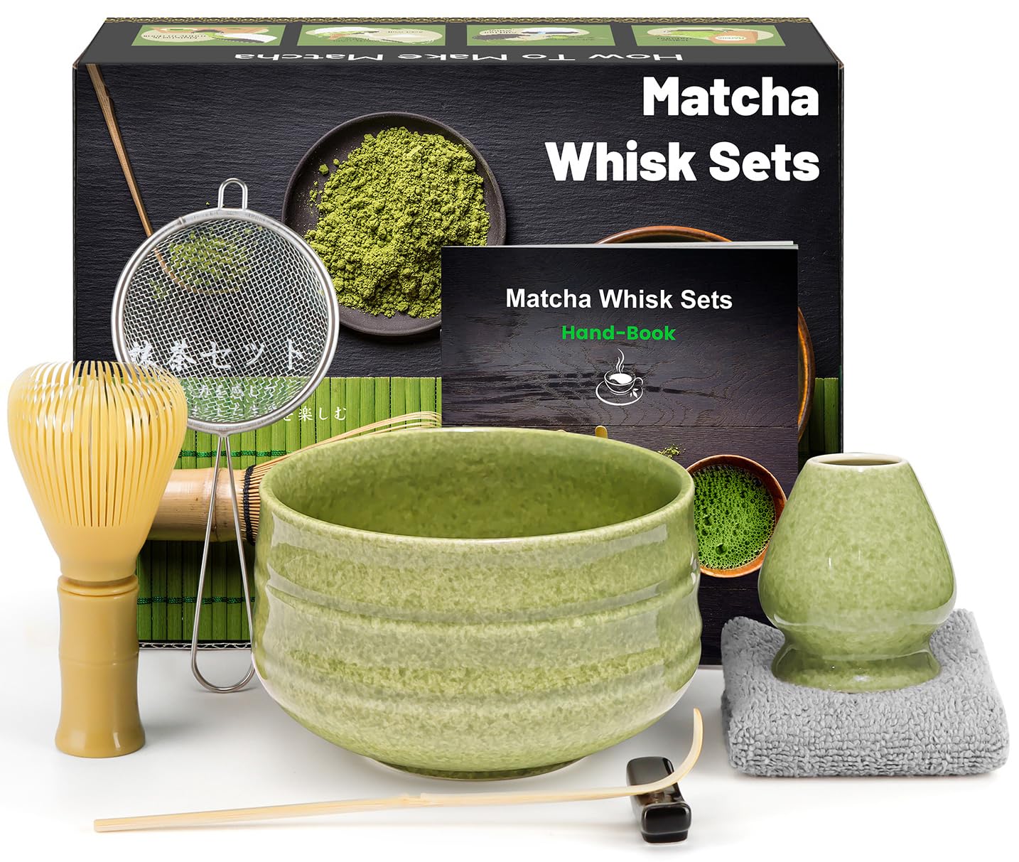 Lafefe 7-Piece Matcha Set - Includes Yellow Resin Whisk, Grey Bowl, Chashaku, and Strainer