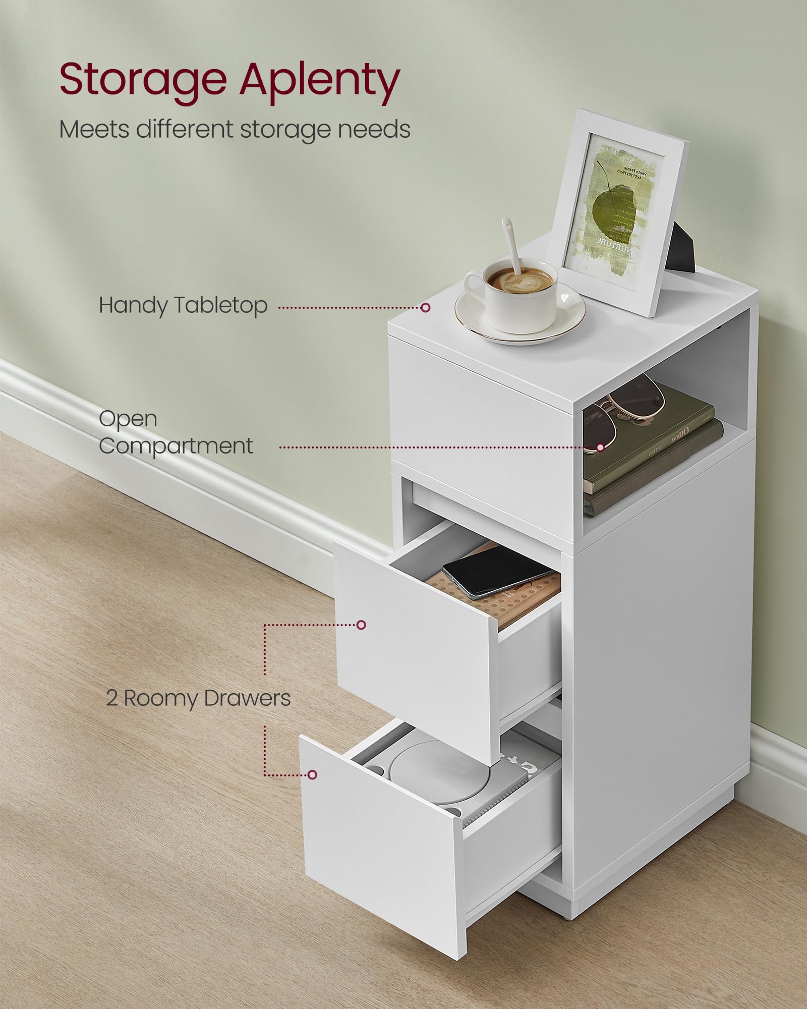 VASAGLE Slim Bedside Table - Cloud White | 2 Drawers | Storage | 65 cm Height 5