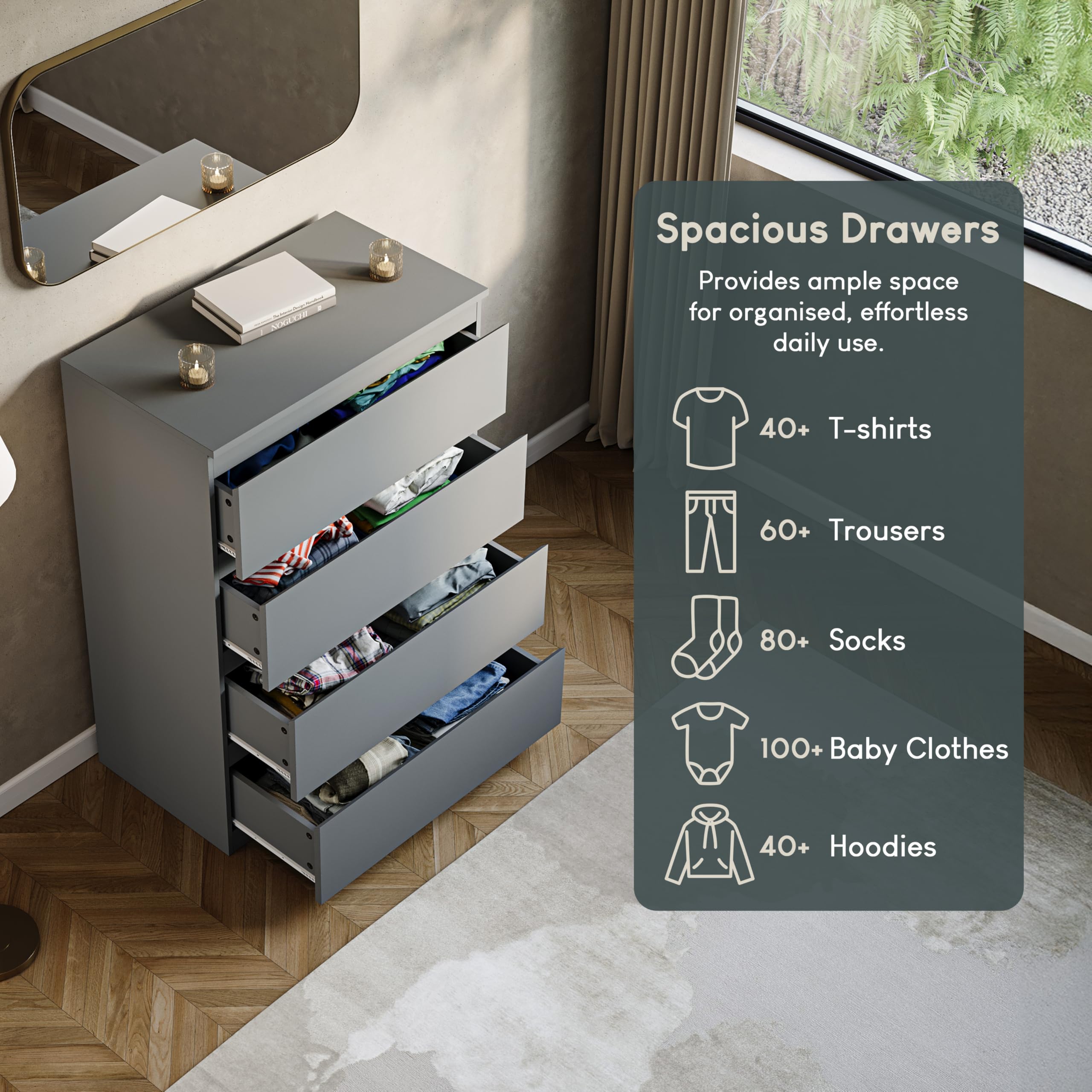 Vida Designs Denver 4 Drawer Chest of Drawers | 70W x 40D x 96H cm | Grey Engineered Wood 4