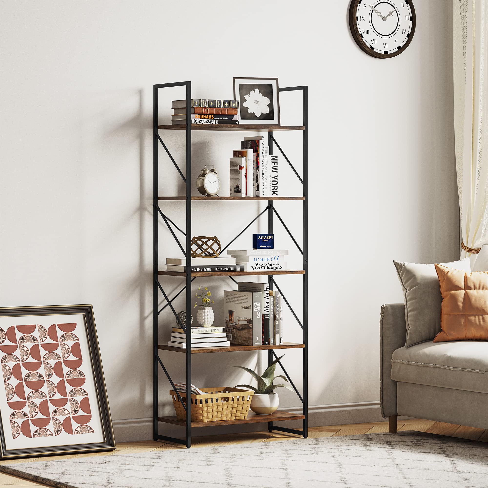 YITAHOME 5-Tier Bookcase - Rustic Brown | Modern Industrial Design | Space Saving | 60W x 158H cm 5