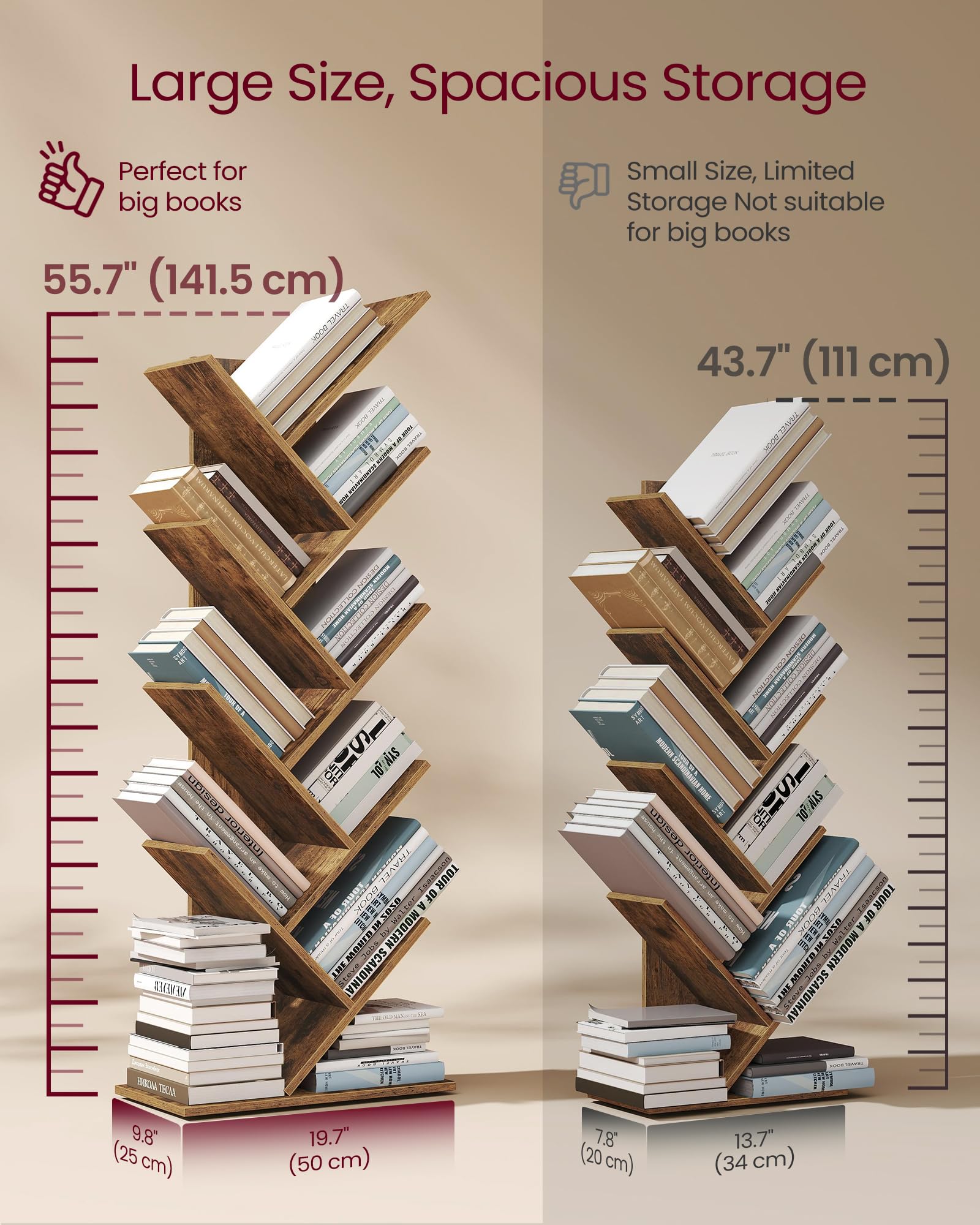 VASAGLE Tree Bookshelf - 9-Tier Corner Storage | Rustic Brown | Space-Saving Design 7