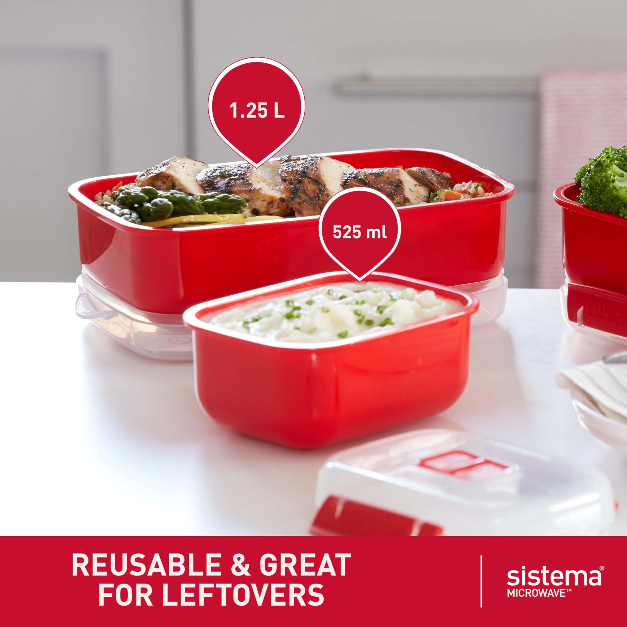 Sistema Heat and Eat Microwave Container Set - 4 Count (2 x 1.25L, 2 x 525ml) Rectangular, Red, BPA-Free 6