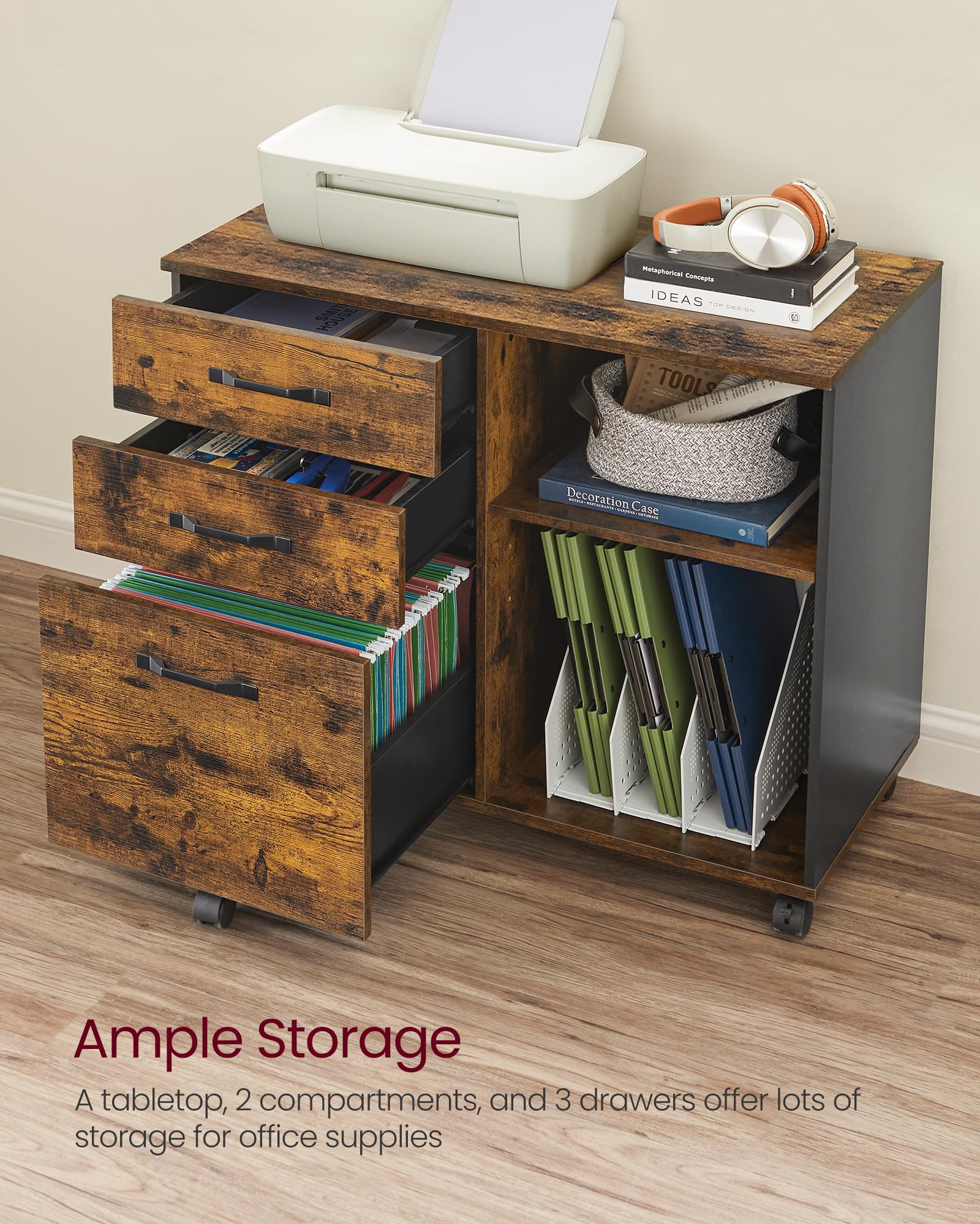 VASAGLE 3 Drawer Mobile File Cabinet | Lateral Open Compartments | Rustic Brown+black 4