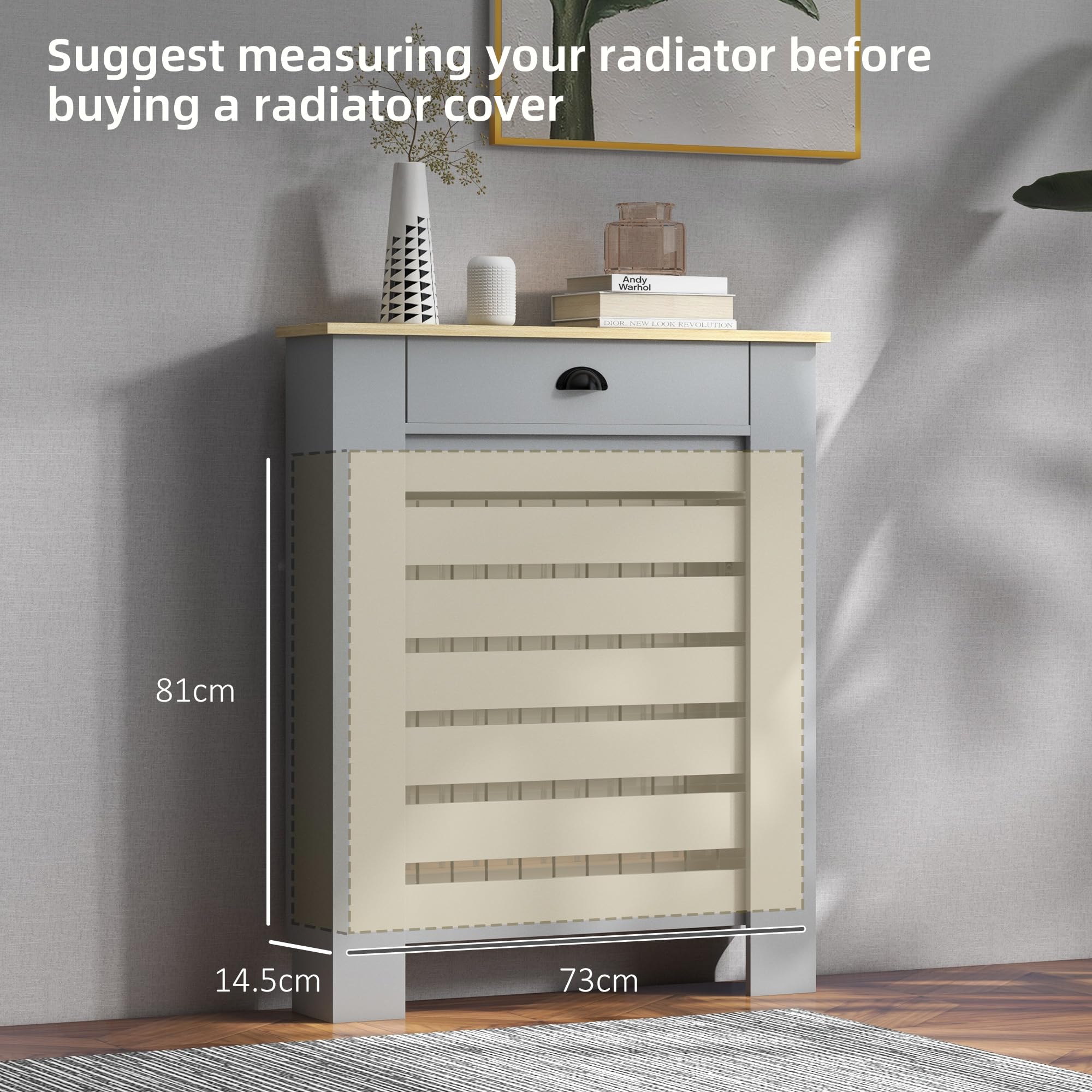 HOMCOM Radiator Cover with Drawer - Horizontal Slatted Grill, Grey Painted M | 78W x 95.5H cm 3