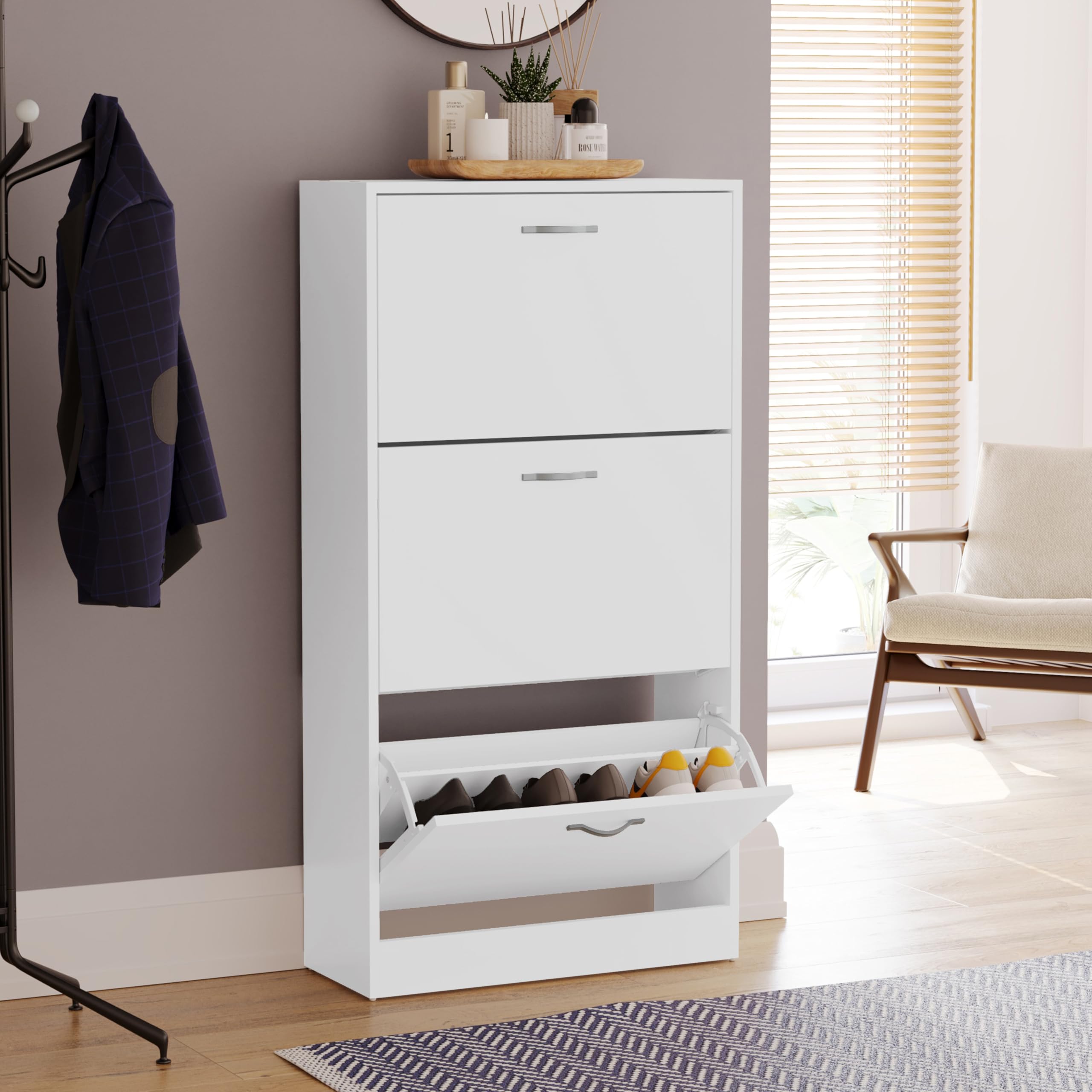 Vida Designs Wooden Shoe Cabinet - 3 Pull-Down Drawers | Slim Entryway Storage | White 8