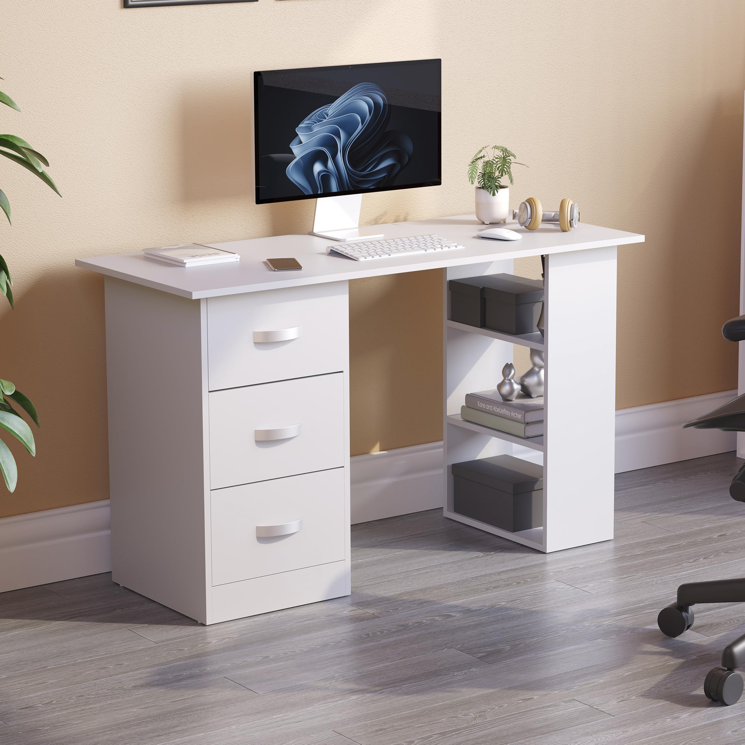 Vida Designs Mason Computer Desk with 3 Drawers and Shelves | 120cm Wide | White 1