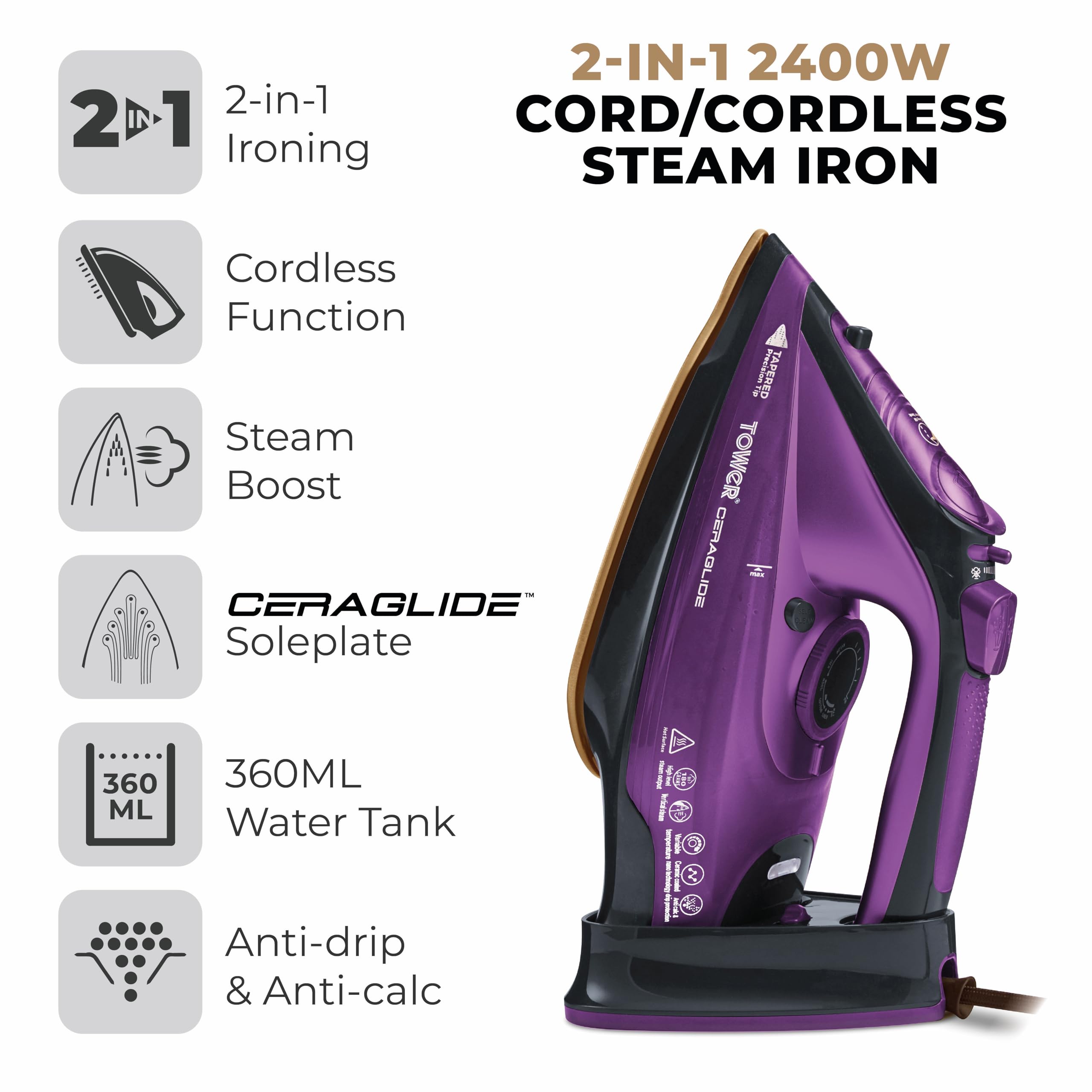 Tower T22008 CeraGlide Cordless Steam Iron - 2400W Power | Ceramic Soleplate | Cordless/Corded Use 2