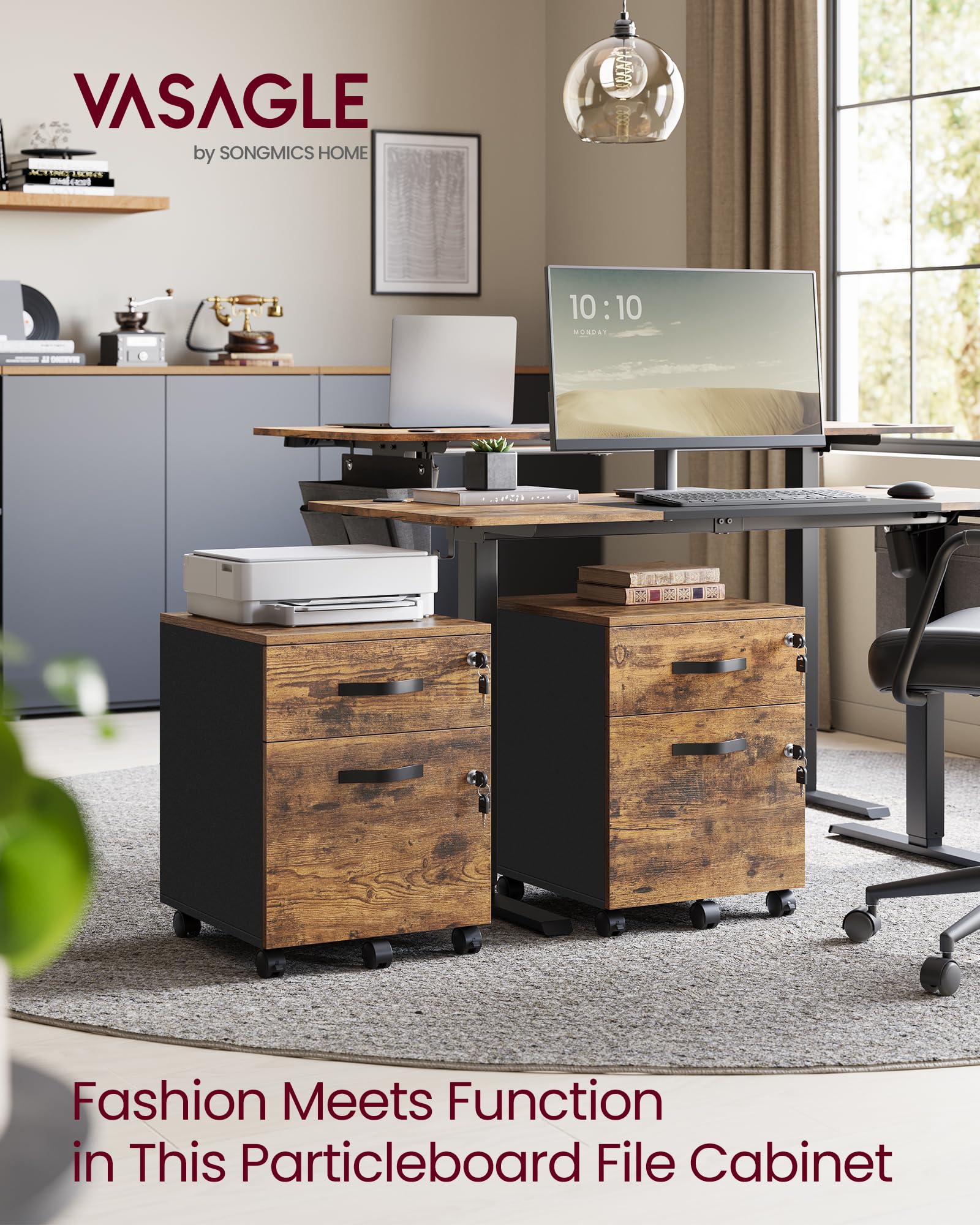 VASAGLE Rolling File Cabinet - 2 Lockable Drawers | Rustic Brown & Black | 43.8x40x54.5 cm