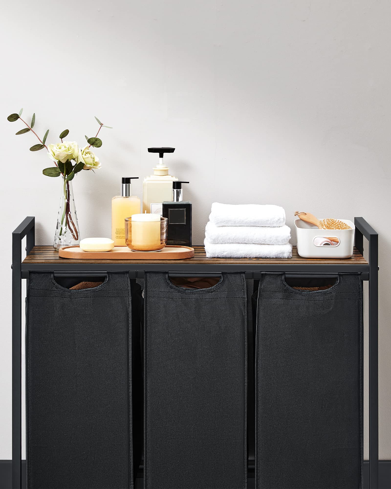 VASAGLE 3-Compartment Laundry Hamper with Pull-Out Liners | 120 L Capacity | Rustic Brown + Black 5