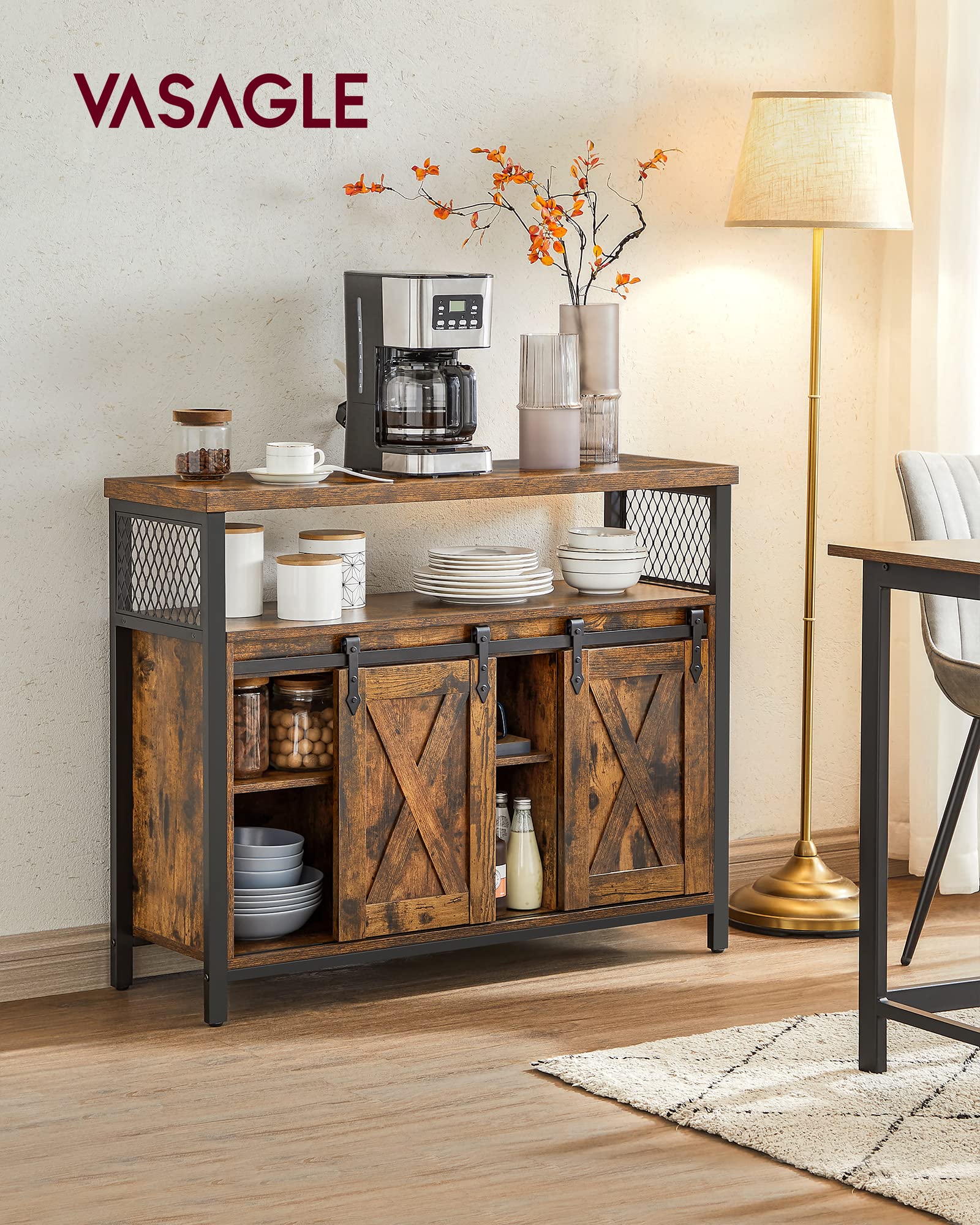 VASAGLE Sideboard Storage Cupboard with 2 Sliding Barn Doors | Rustic Brown & Black | 1000mm Wide