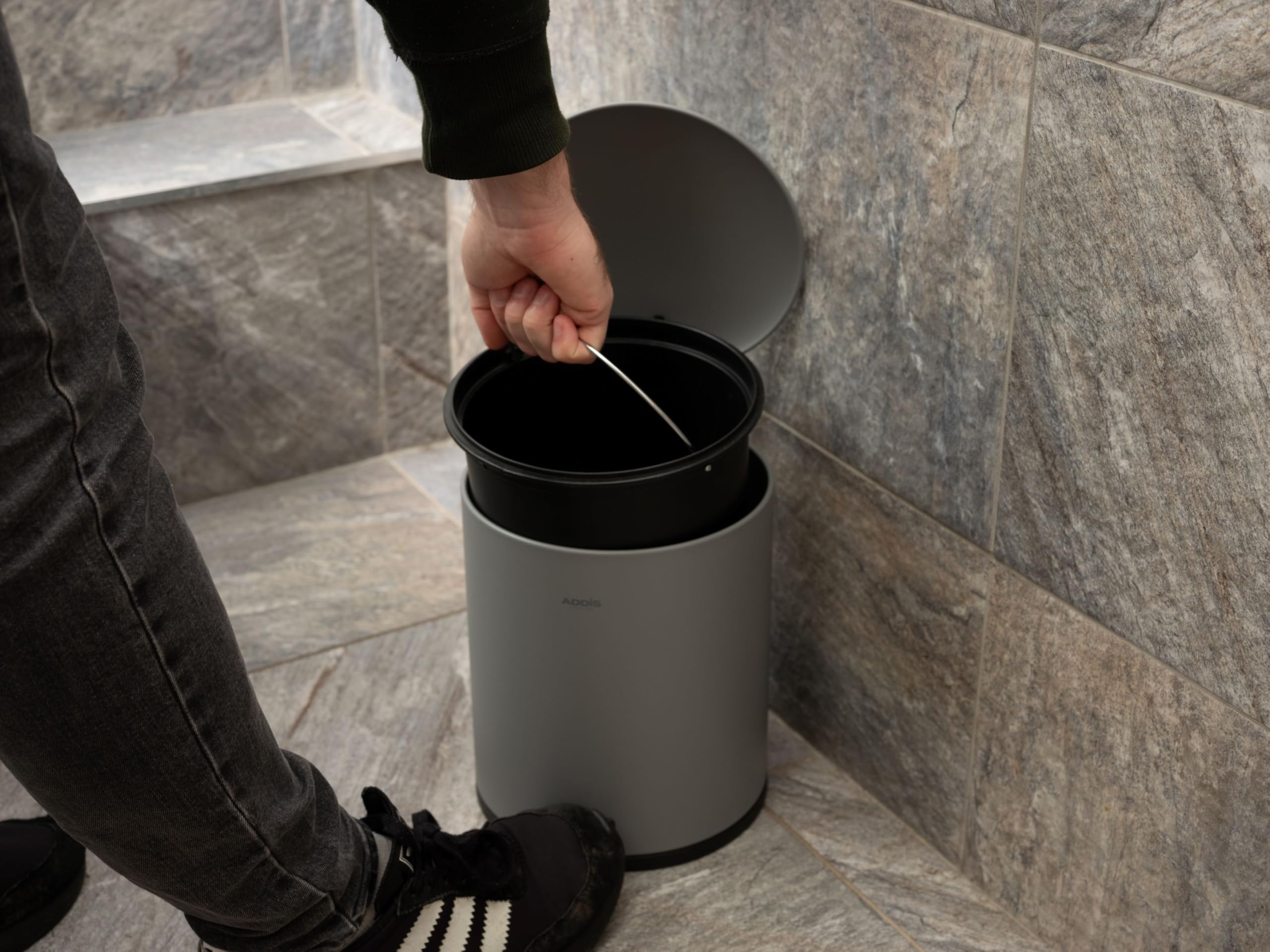 Addis 5L Bathroom Bin - Soft Close Pedal Operation | Compact Metal Design | Grey 5