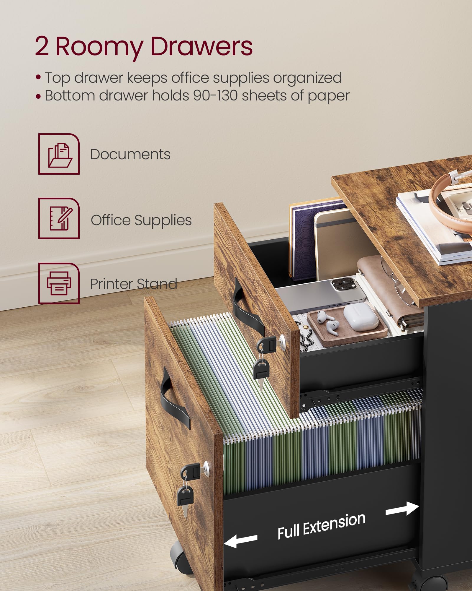 VASAGLE Rolling File Cabinet - 2 Lockable Drawers | Rustic Brown & Black | 43.8x40x54.5 cm 4