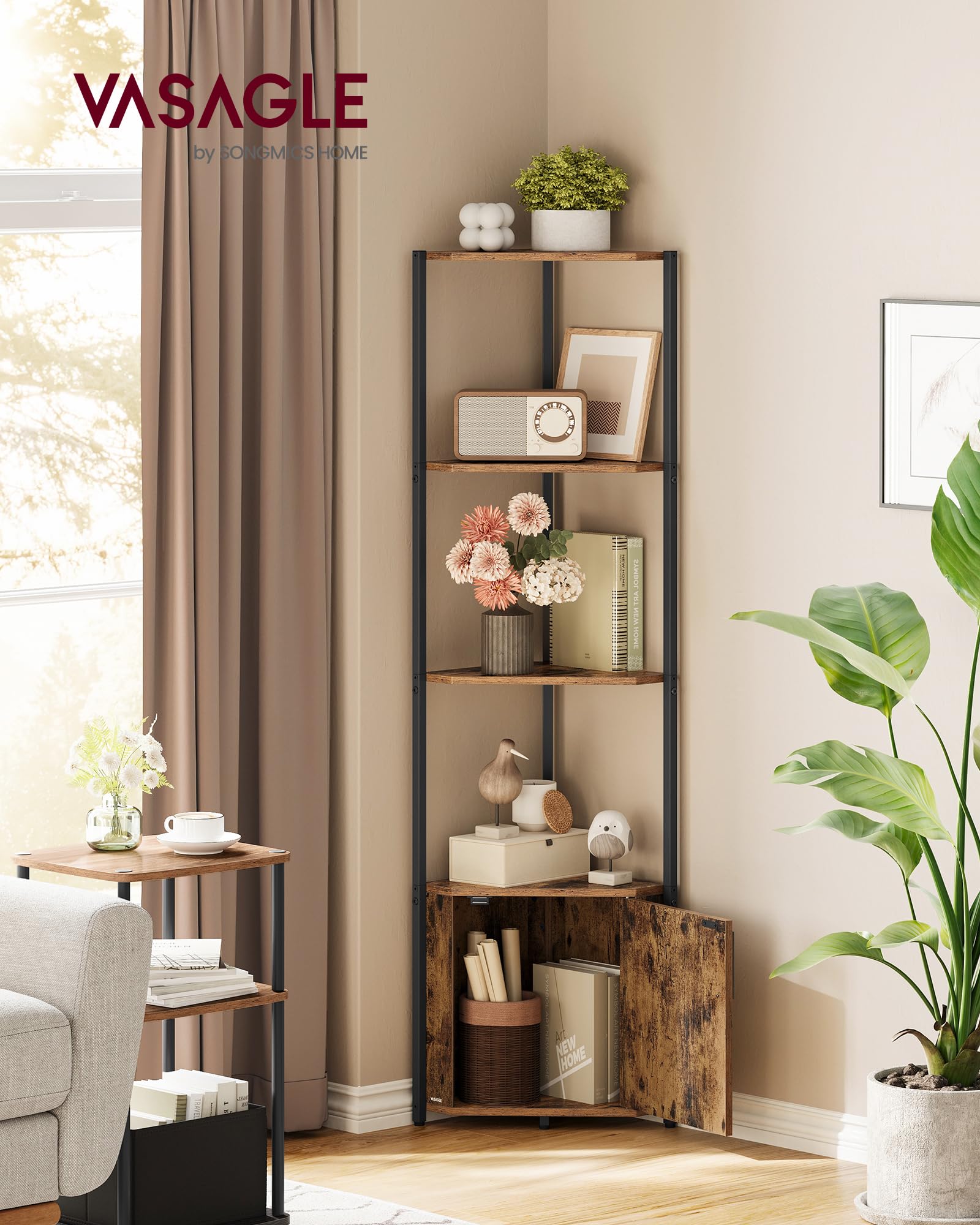 VASAGLE Corner Shelf with Storage - 5-Tier | Rustic Brown + Ink Black | 25.4 x 44.5 x 147.3 cm 2