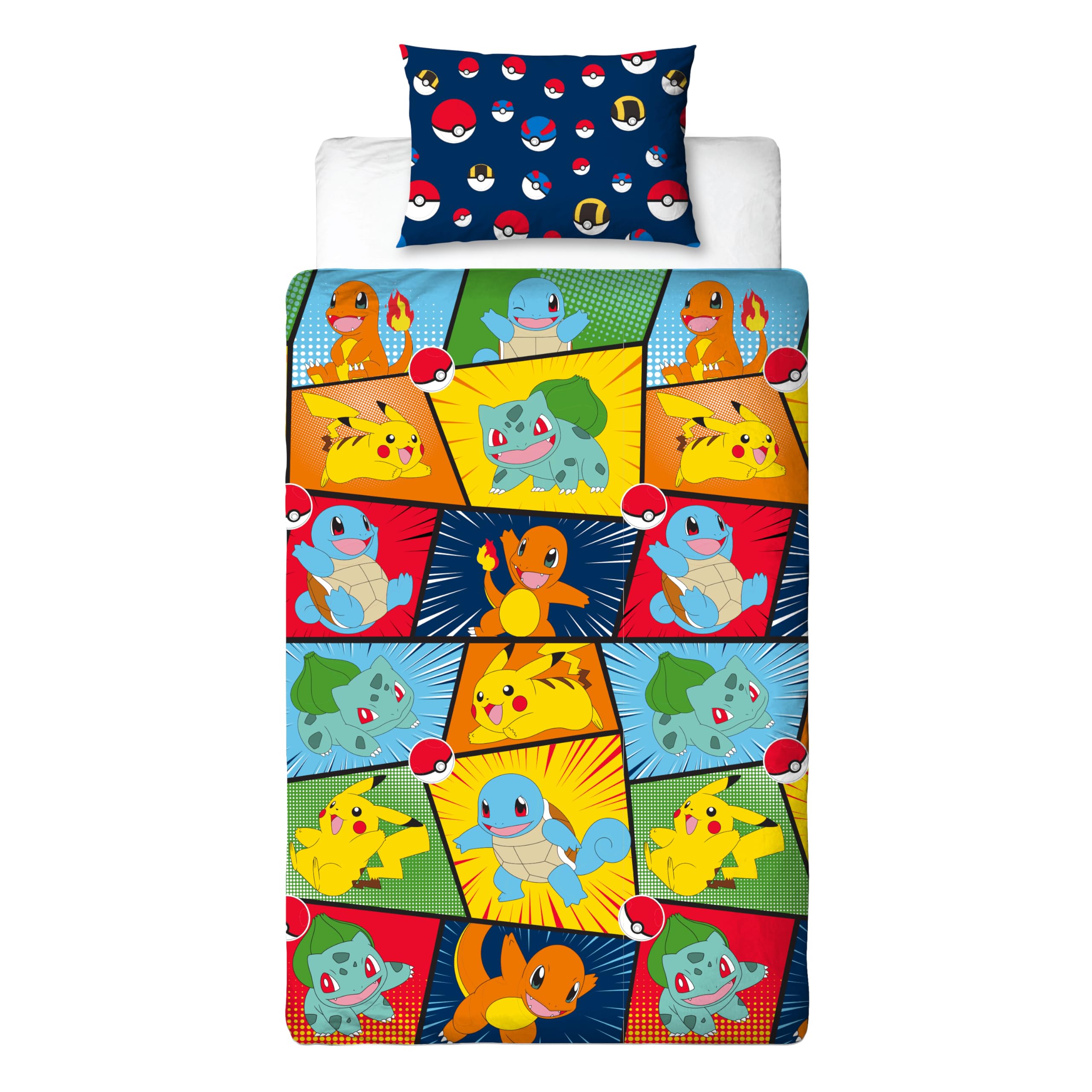 Pokémon Single Duvet Cover and Pillowcase Set - Reversible Pikachu & Starters Design | UK Single Size