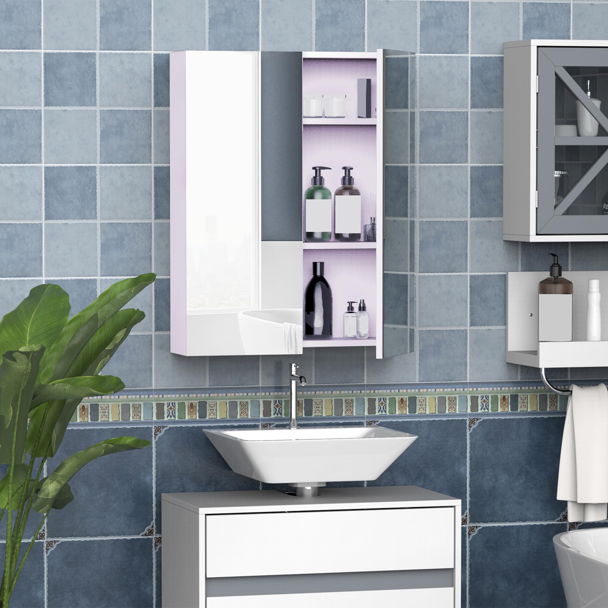 HOMCOM Wall Mount Bathroom Mirror Cabinet with Adjustable Shelf | White MDF | 60W x 15D x 75H cm