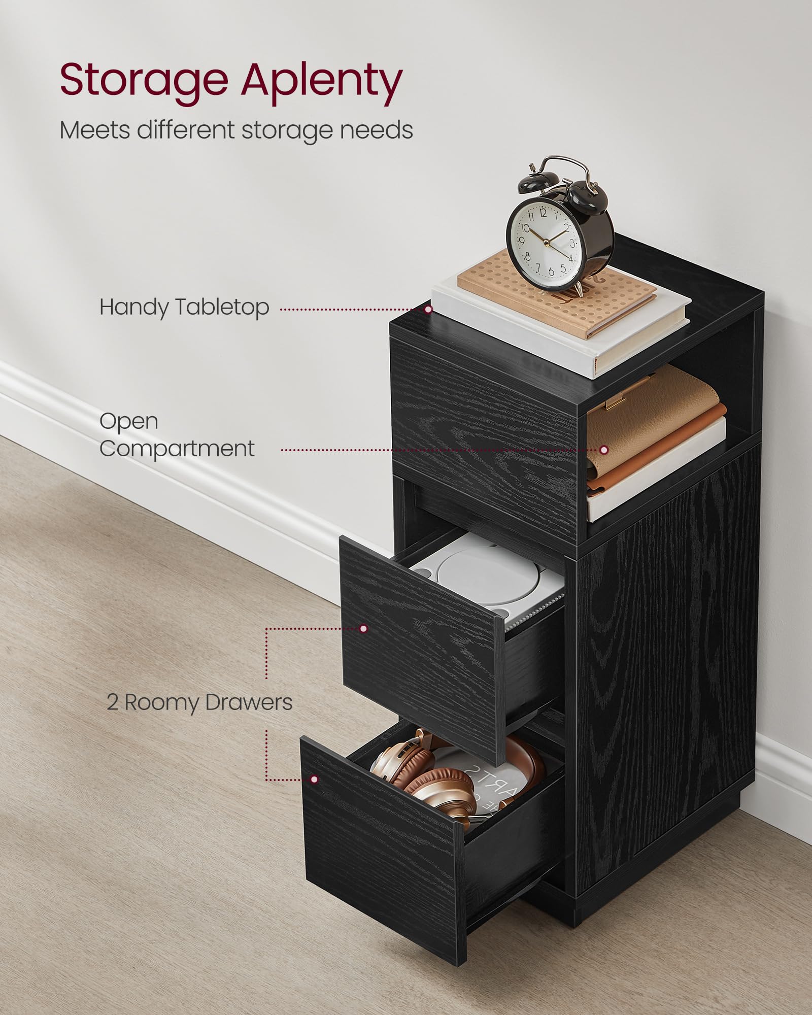 VASAGLE KAILYN Slim Bedside Table - Ebony Black | 30x25x65 cm | 2 Drawers 5