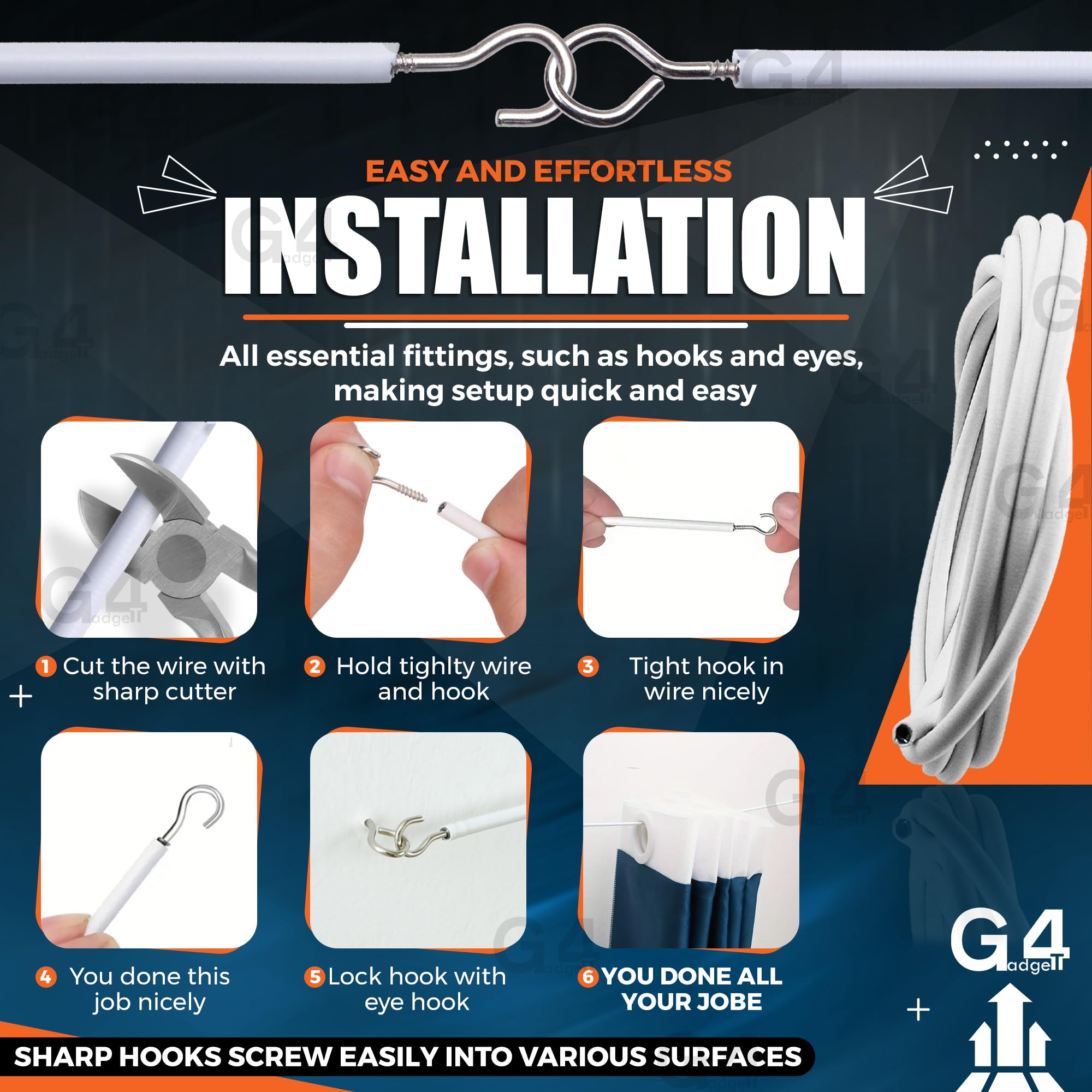 G4GADGET 3M Net Curtain Wire with 8 Hooks & 8 Eyes | Alloy Steel | White 7