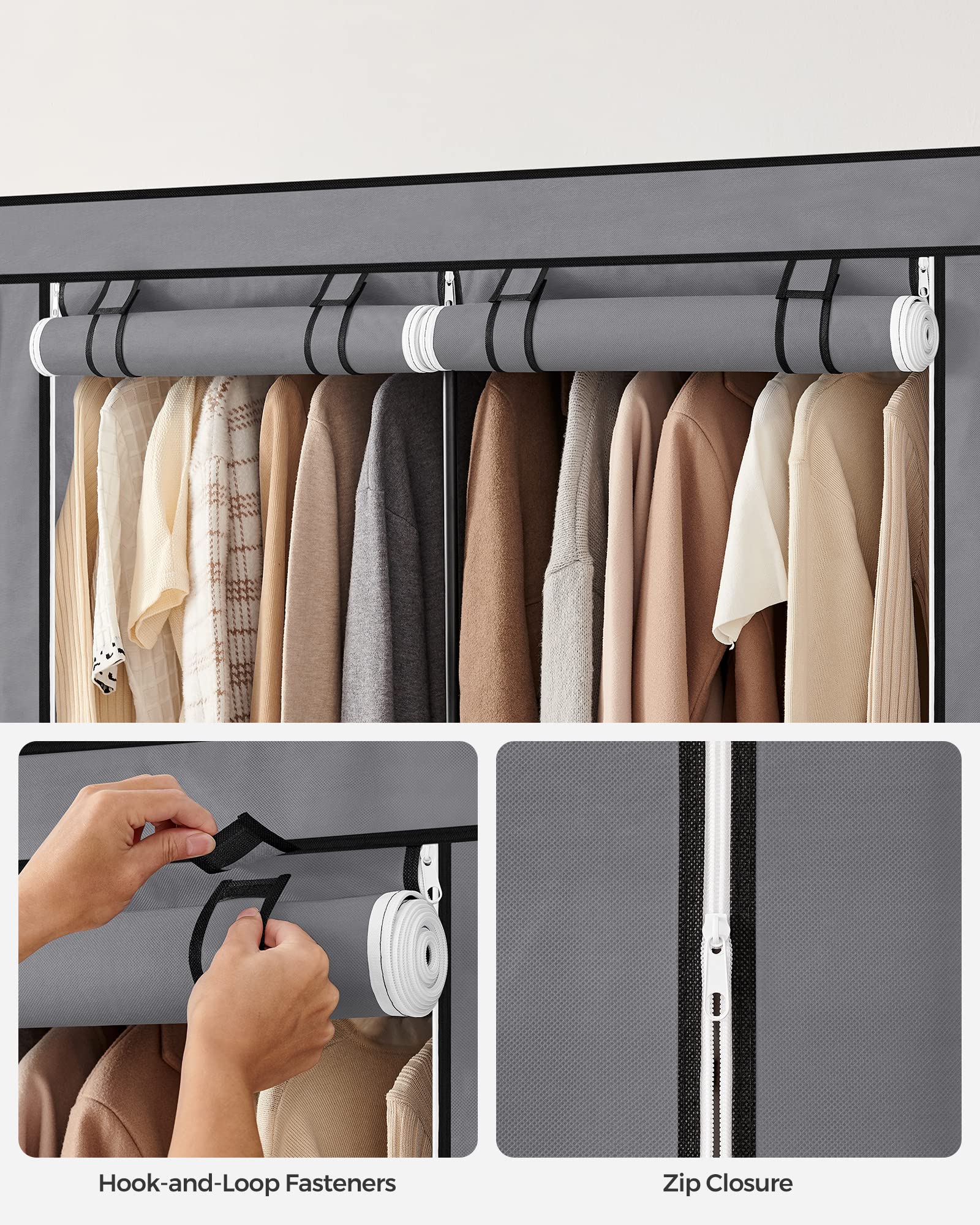 SONGMICS Portable Clothes Wardrobe - Grey | 127W x 45D x 176H cm | 2 Hanging Rods 9