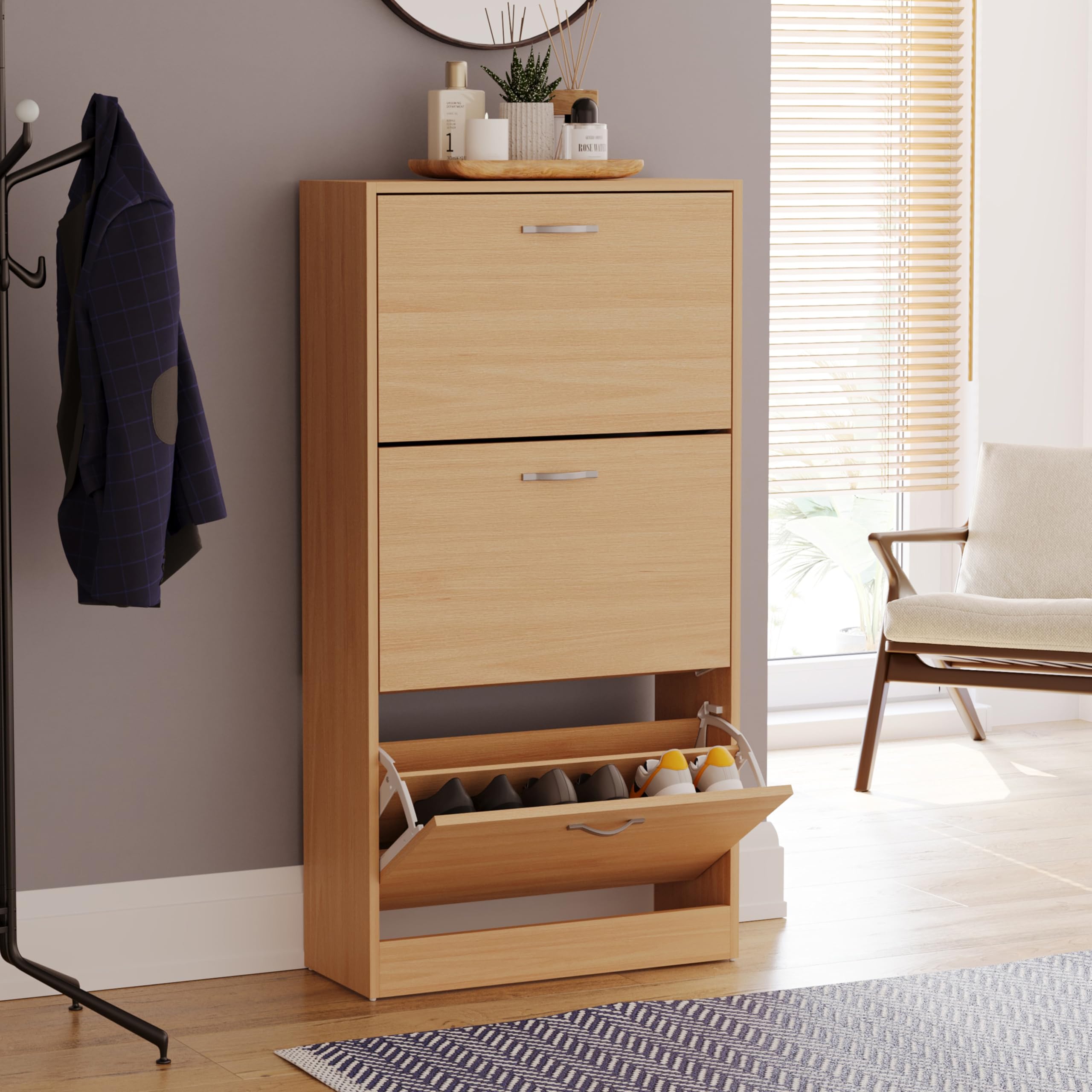 Vida Designs Wooden Shoe Cabinet - 3 Pull-Down Drawers | Slim Space-Saving Design | Pine 9