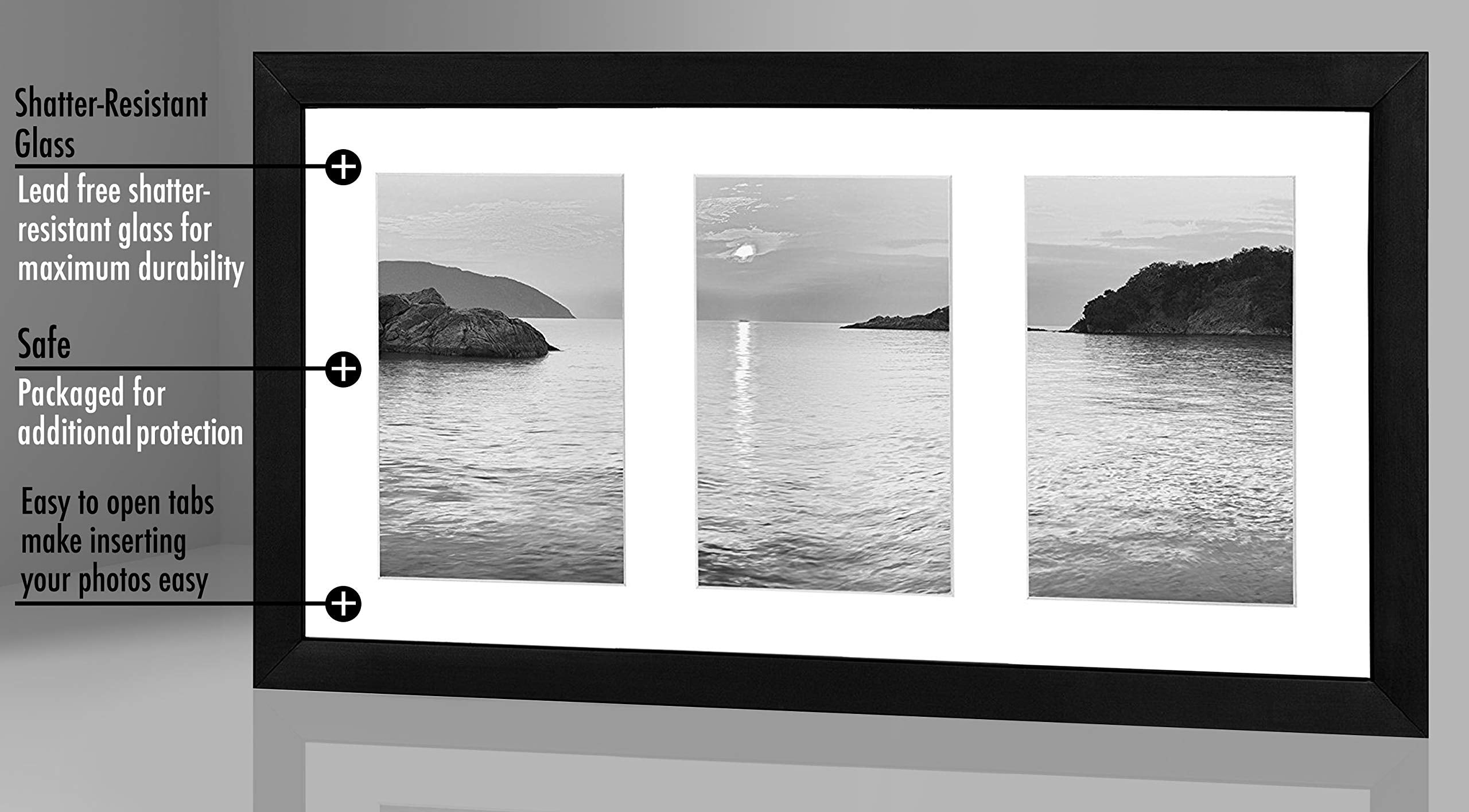 Americanflat Black 8x16 Collage Photo Frame for One 8x16 or Three 4x6 Photos | Shatter-Resistant Glass 4