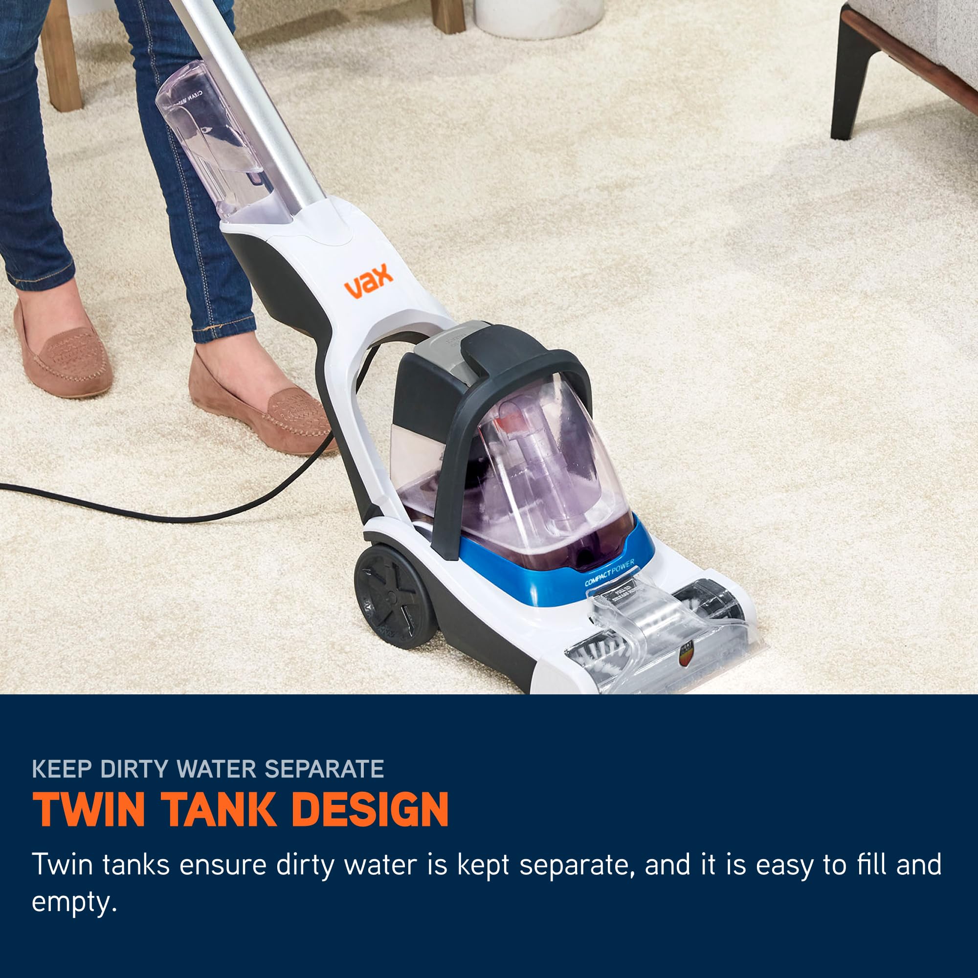 Vax Compact Power Upright Carpet Cleaner Machine - Aquaspin Brushbar | 5.7kg 7