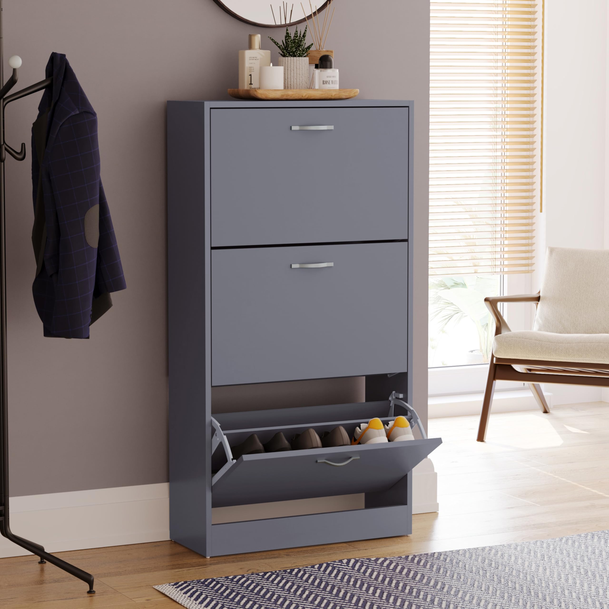 Vida Designs Wooden Shoe Cabinet - 3 Pull-Down Drawers | Slim Space-Saving Design | Grey 2