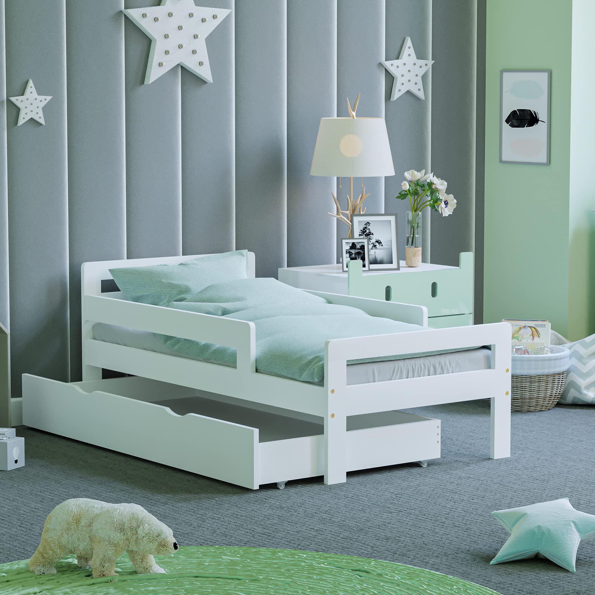 Junior Vida Taurus Wooden Toddler Bed - Solid Pine Wood, White Finish | H 57 x W 75 x L 144 cm 2