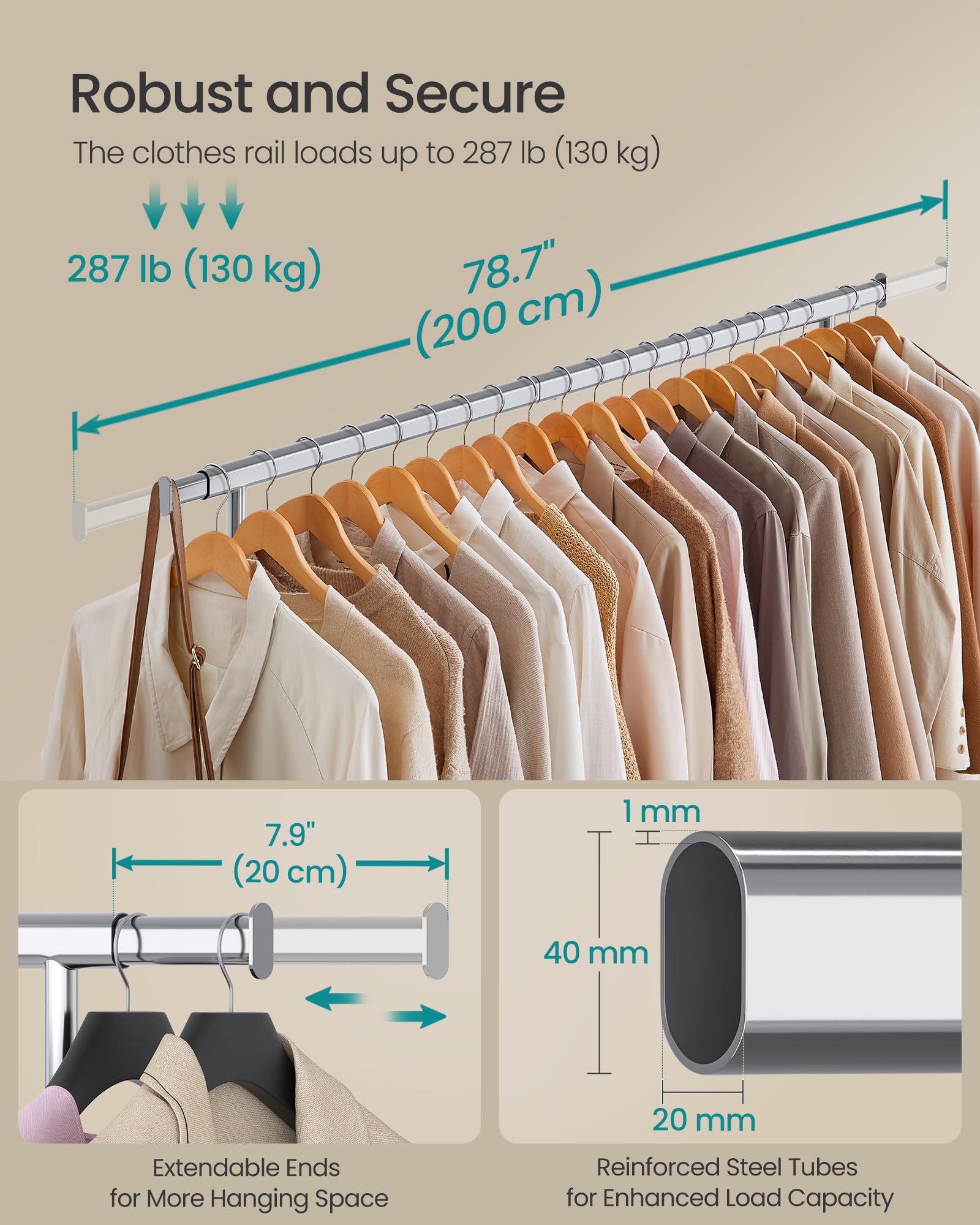 SONGMICS Heavy Duty Clothes Rack on Wheels | 150 kg Capacity | Extendable 160-200 cm Rail | Silver 3