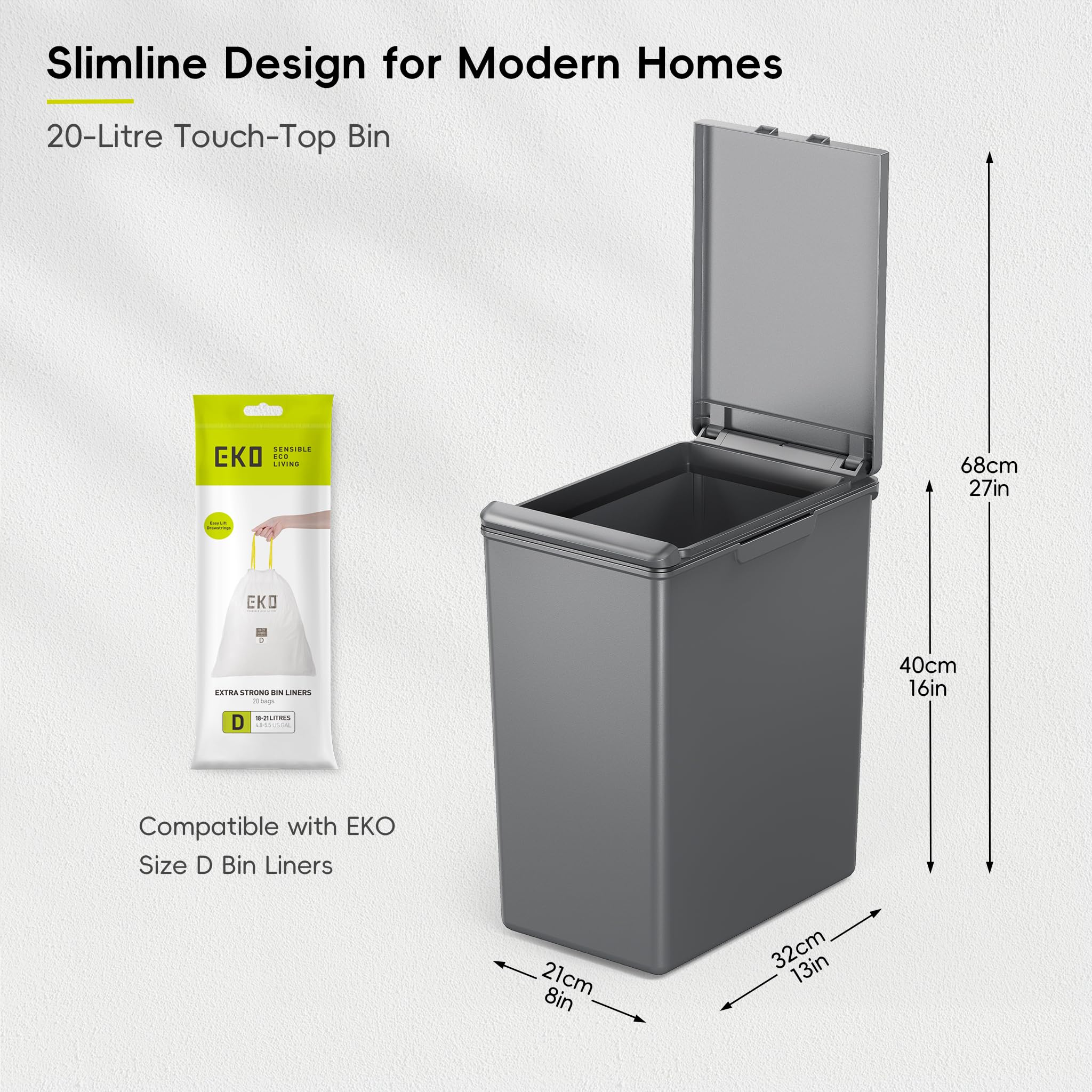 EKO Morandi 20L Kitchen Recycling Bin with Touch-Top Lid | Slim Plastic Resin Design | Dark Grey 3