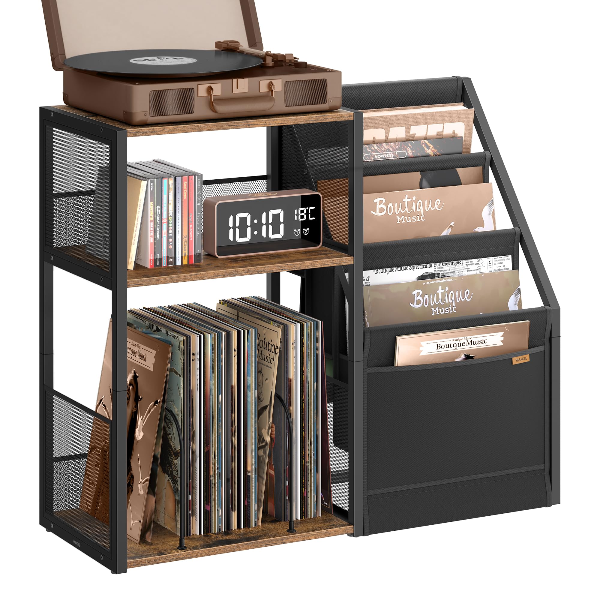 VASAGLE Record Player Stand - 3-Tier Storage for 140 Albums | Rustic Brown End Table 1