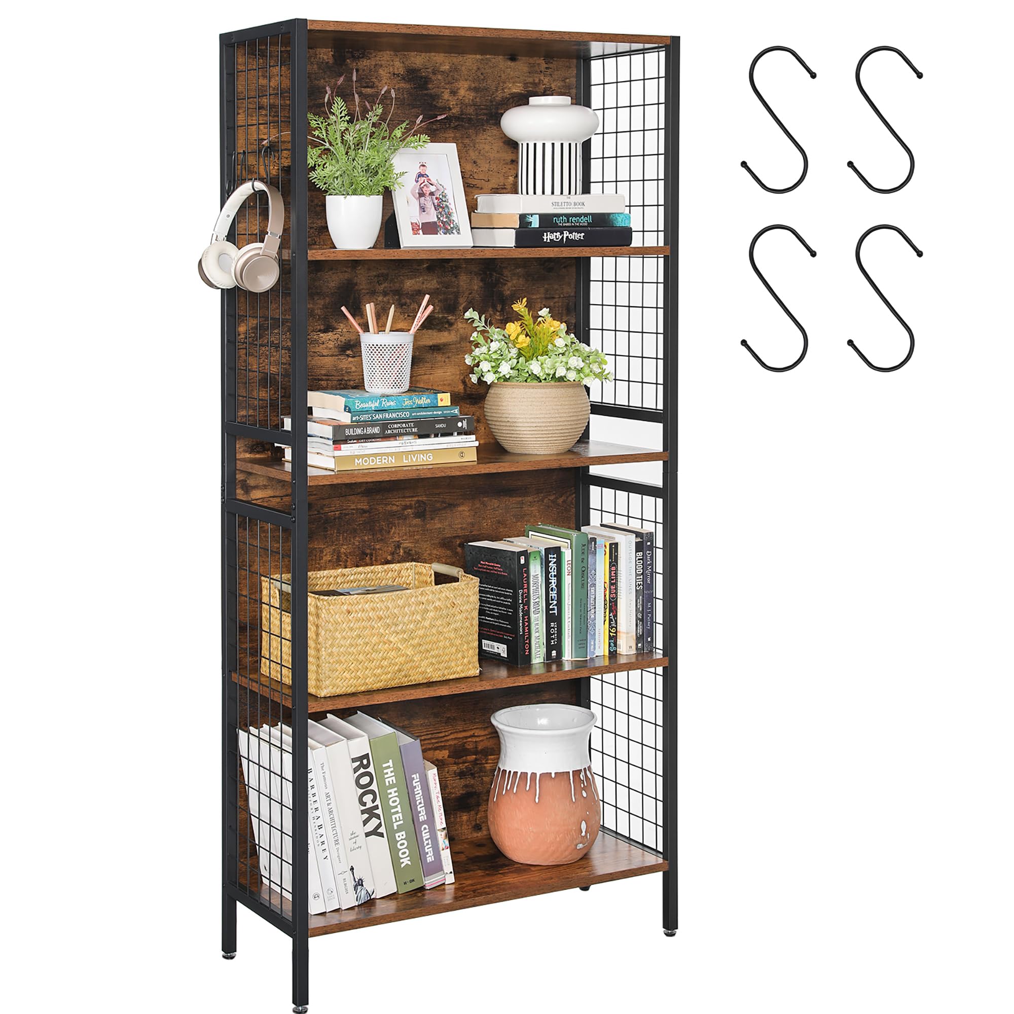 VASAGLE 5-Tier Bookcase with 4 Hooks - Rustic Brown & Ink Black | 74cm Wide | 20kg Load Capacity 1